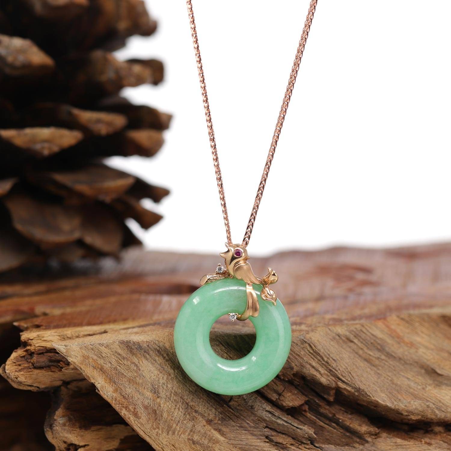 Baikalla Jewelry 18k Gold Jadeite Necklace 18k Rose Gold Genuine Burmese Jadeite Lucky Pendant Necklace With AA Ruby