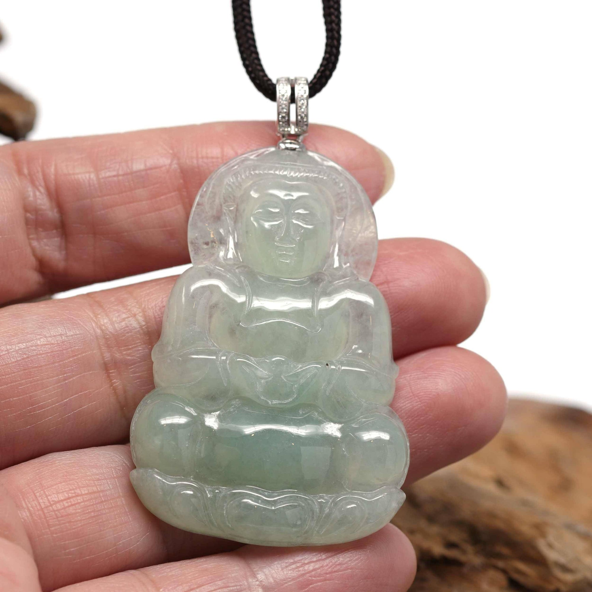 Baikalla Jewelry Jade Guanyin Pendant Necklace Baikalla 14k &quot;Goddess of Compassion&quot; Genuine Burmese Jadeite Jade Guanyin Pendant With VS1 Diamond Bail