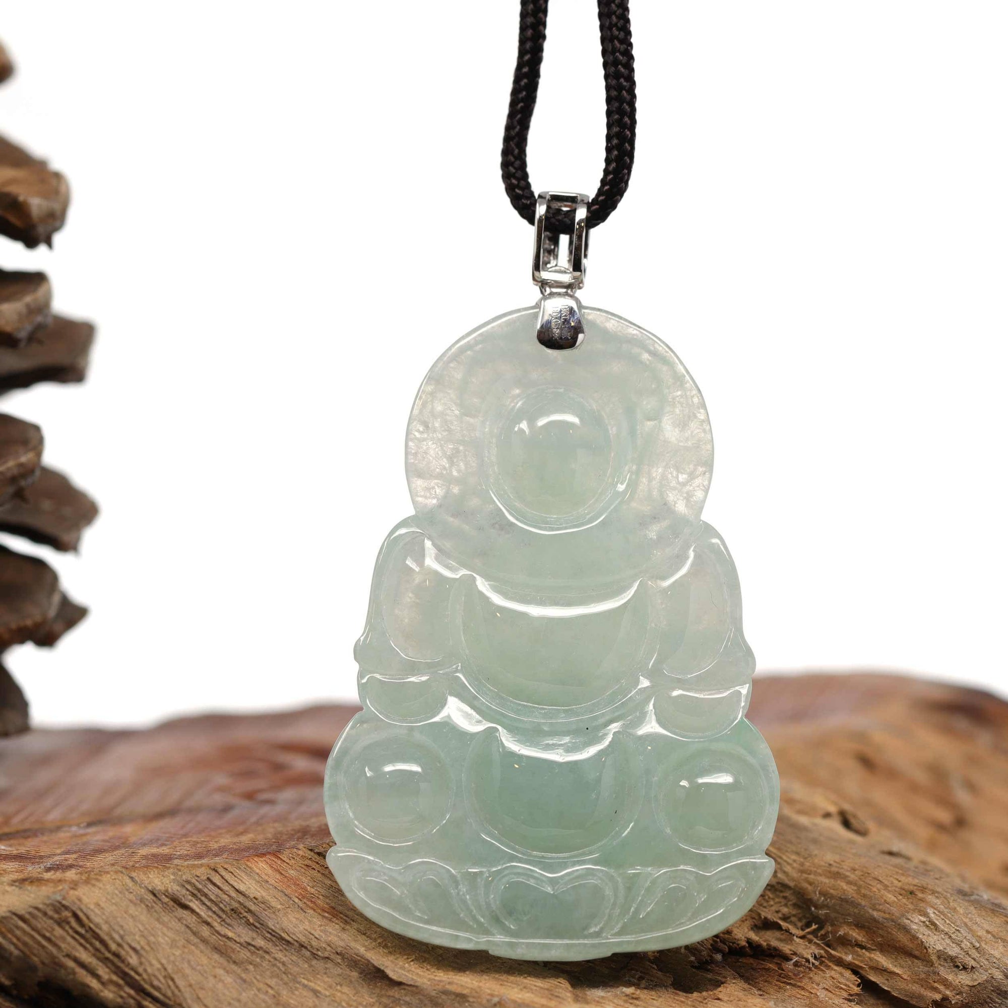 Baikalla Jewelry Jade Guanyin Pendant Necklace Baikalla 14k "Goddess of Compassion" Genuine Burmese Jadeite Jade Guanyin Pendant With VS1 Diamond Bail