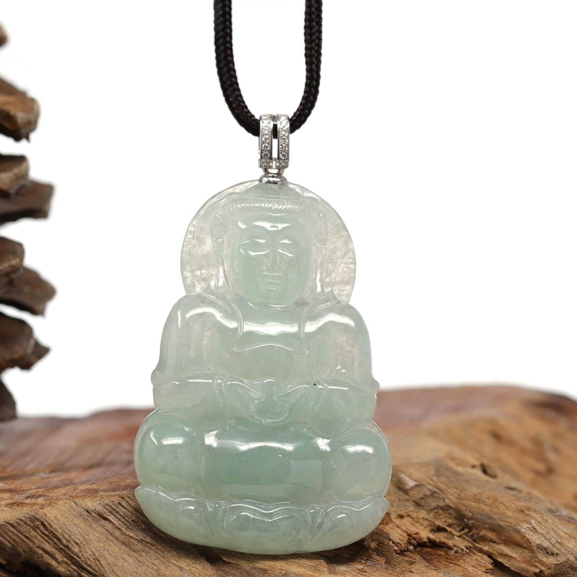 Baikalla Jewelry Jade Guanyin Pendant Necklace Baikalla 14k "Goddess of Compassion" Genuine Burmese Jadeite Jade Guanyin Pendant With VS1 Diamond Bail