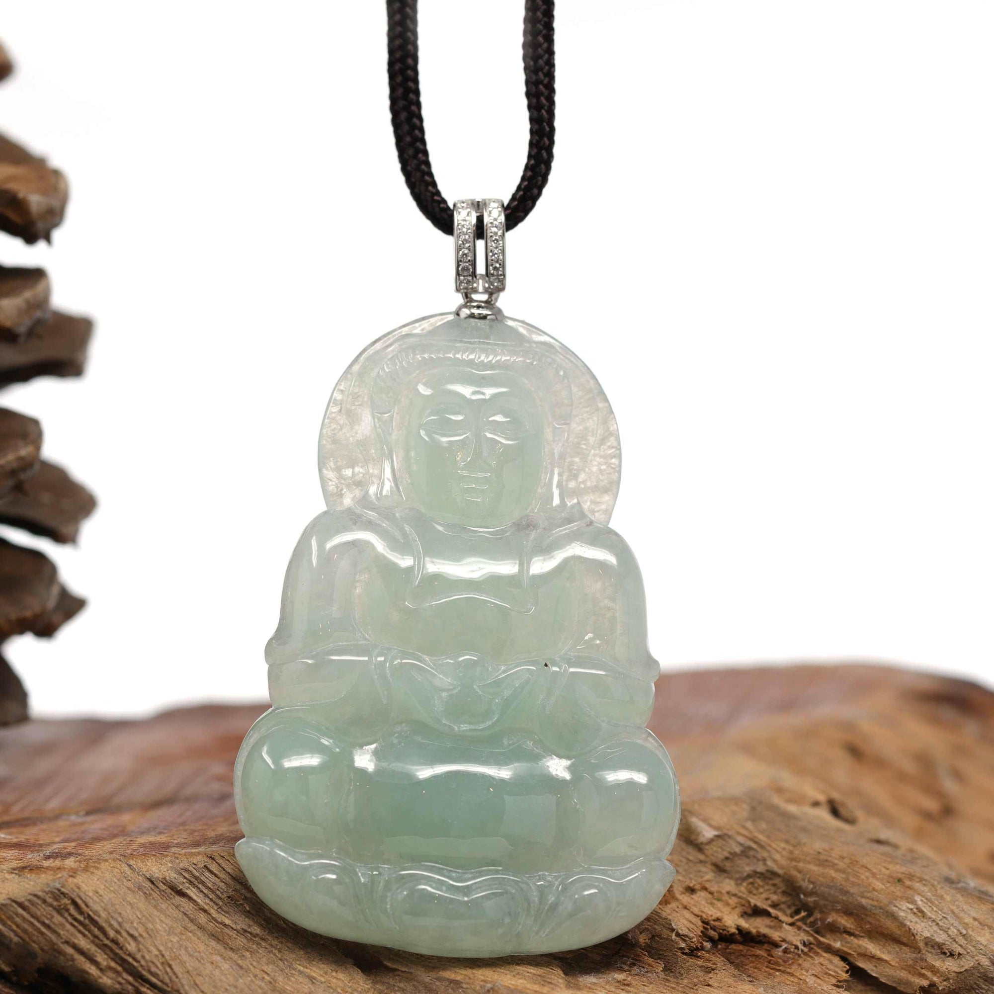 Baikalla Jewelry Jade Guanyin Pendant Necklace Nylon String Necklace Baikalla 14k &quot;Goddess of Compassion&quot; Genuine Burmese Jadeite Jade Guanyin Pendant With VS1 Diamond Bail