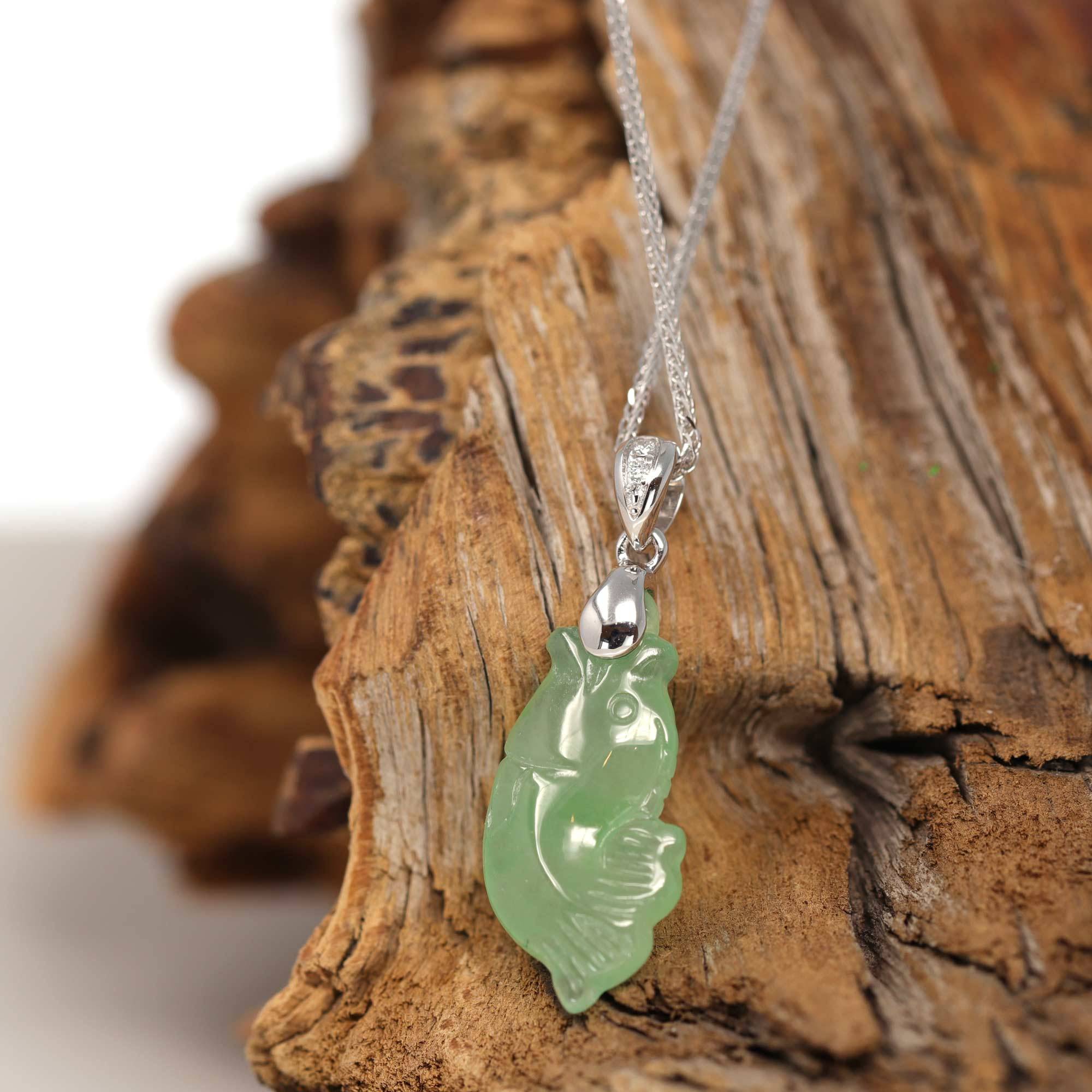 Baikalla Jewelry Jade Pendant Necklace Baikalla &quot;Prosperity Every Year (年年有鱼)&quot; Lucky Fish Carving Pendant Necklace Natural Jadeite Jade JG165