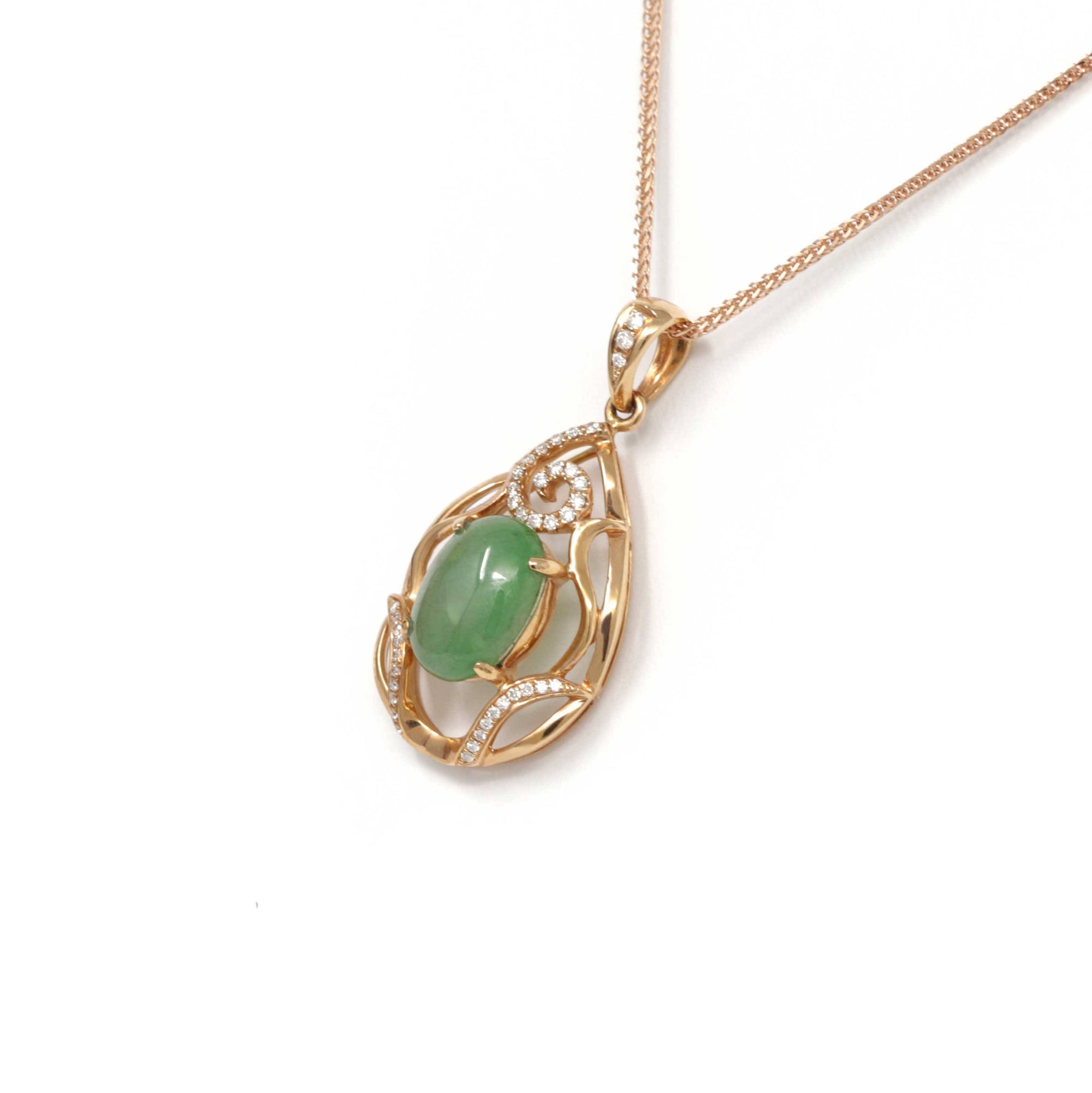 Baikalla Jewelry Gold Jadeite Necklace 18k Rose Gold Jadeite Jade Diamond Pendant Necklace