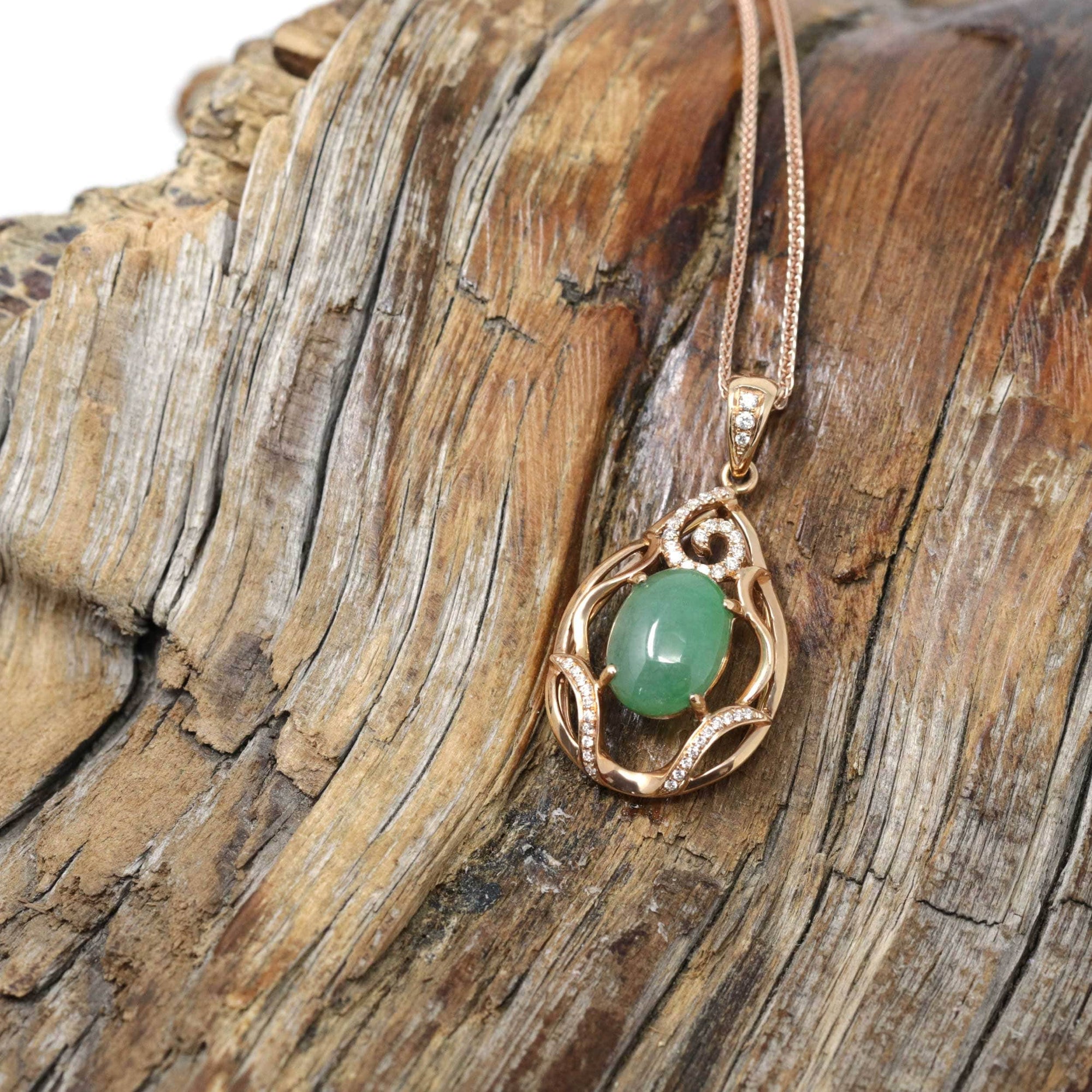 Baikalla Jewelry Gold Jadeite Necklace 18k Rose Gold Jadeite Jade Diamond Pendant Necklace