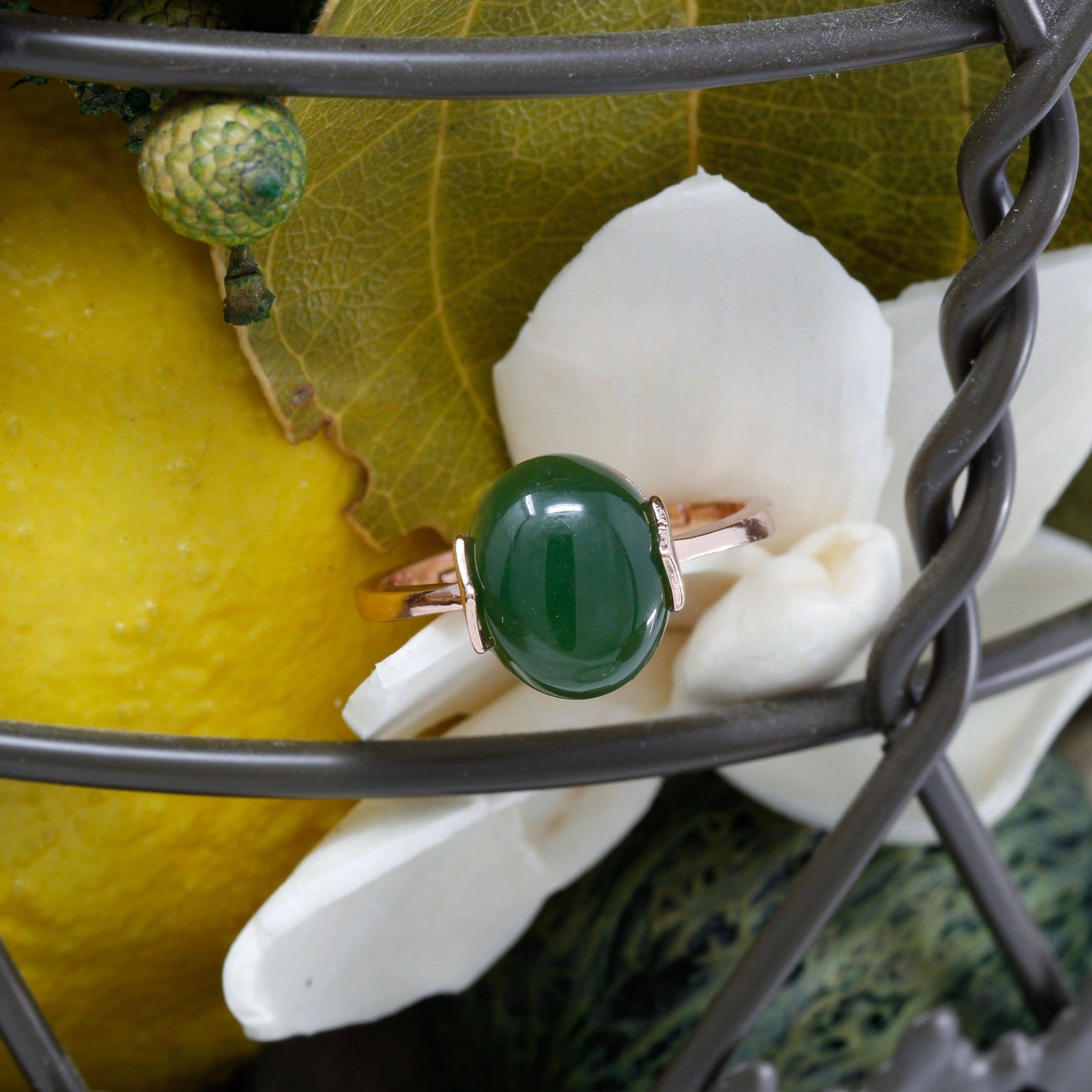 Baikalla Jewelry Silver Jade Ring Baikalla™ &quot;Lucky Jade&quot; Rose Gold Plated Sterling Silver Nephrite Green Jade Ring