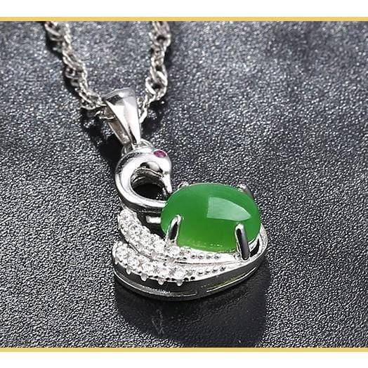 Baikalla Jewelry Jade Pendant Baikalla™ "Love Swan" Genuine Nephrite Green Jade Swan Pendant Necklace with Tourmaline & CZ