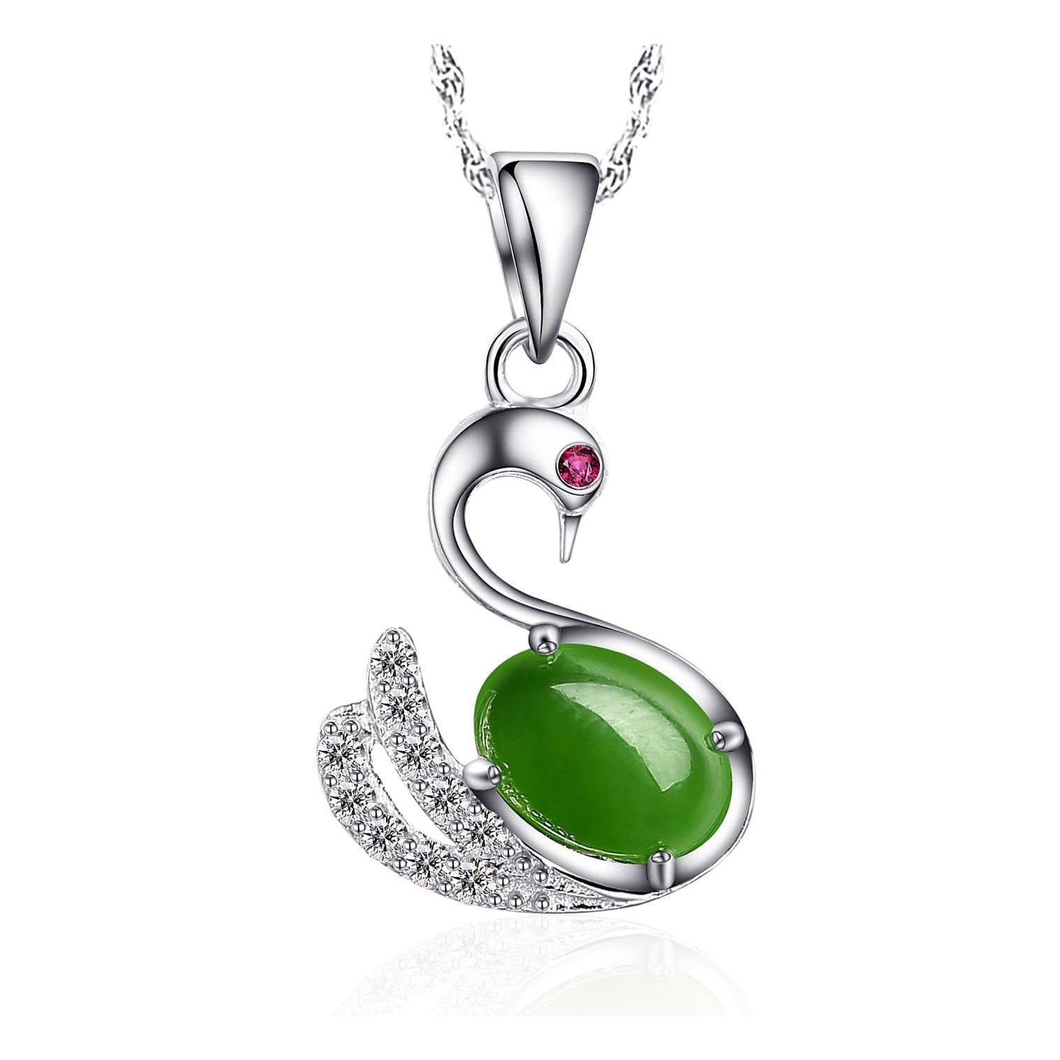 Baikalla Jewelry Jade Pendant Baikalla™ &quot;Love Swan&quot; Genuine Nephrite Green Jade Swan Pendant Necklace with Tourmaline &amp; CZ