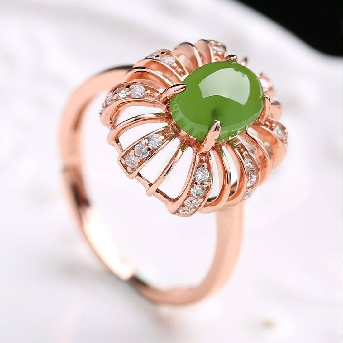 Baikalla Jewelry Silver Jade Ring Rose Gold Plated Sterling Silver Genuine Nephrite Green Jade Ring