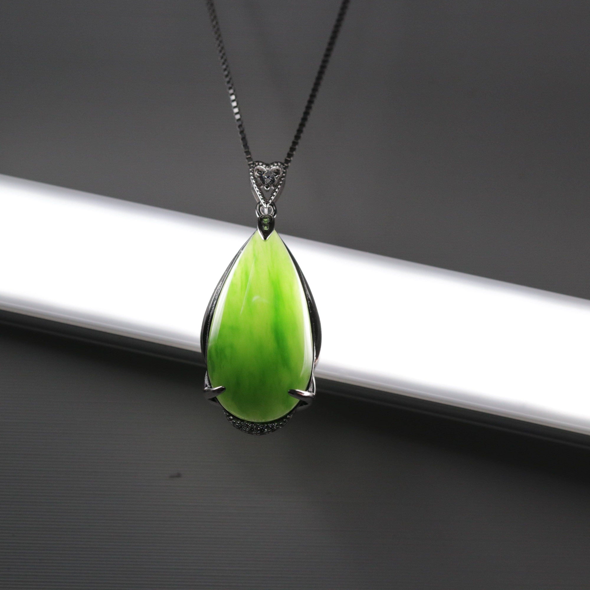 Baikalla Jewelry Jade Pendant Necklace Baikalla™ "Classic Tear-Drop" Sterling Silver Real Green Jade Classic Tear Drop Pendant Necklace