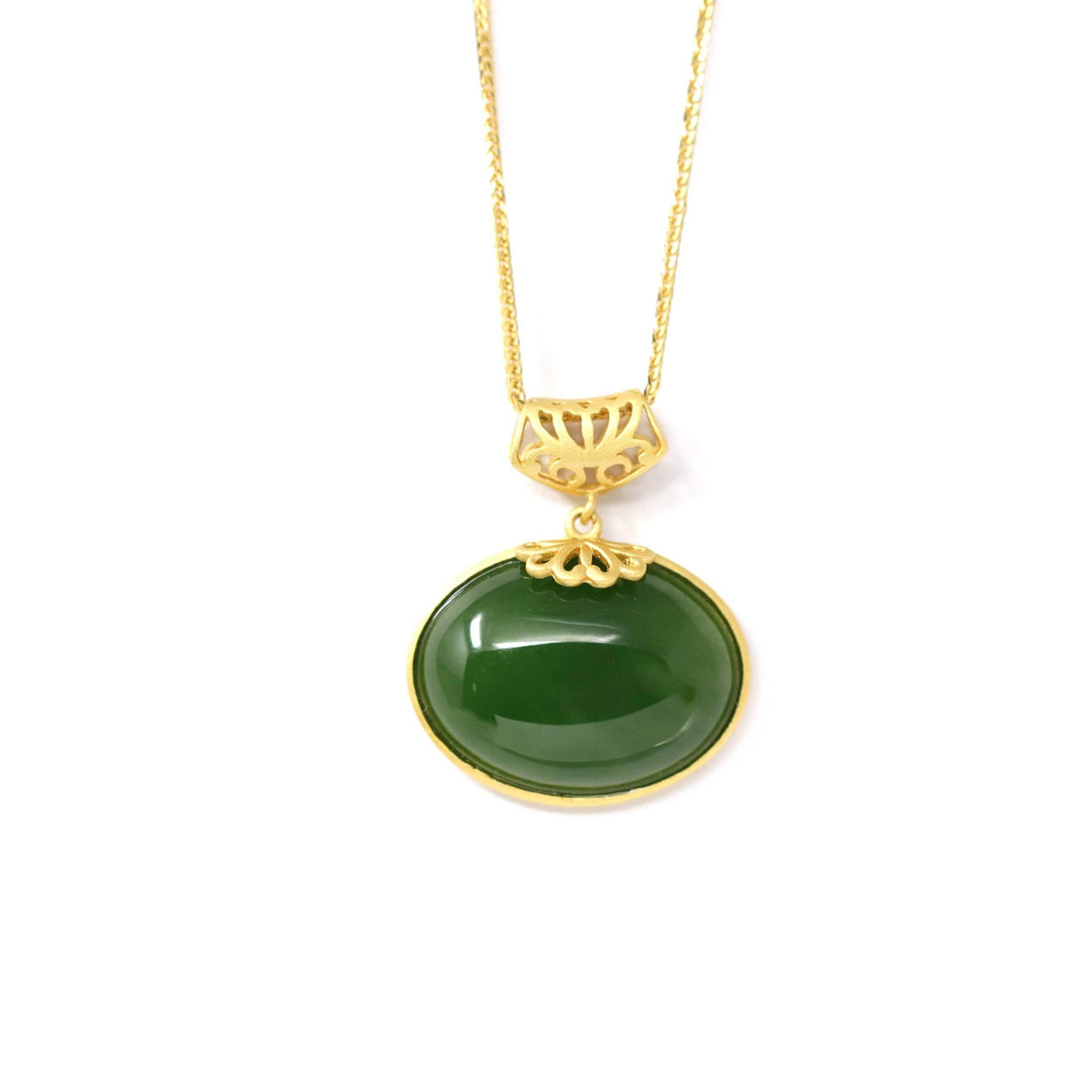 Baikalla Jewelry Jade Pendant Necklace Baikalla™ "Lucky Oval Jade" Sterling Silver Nephrite Green Jade Classic Pendant Necklace