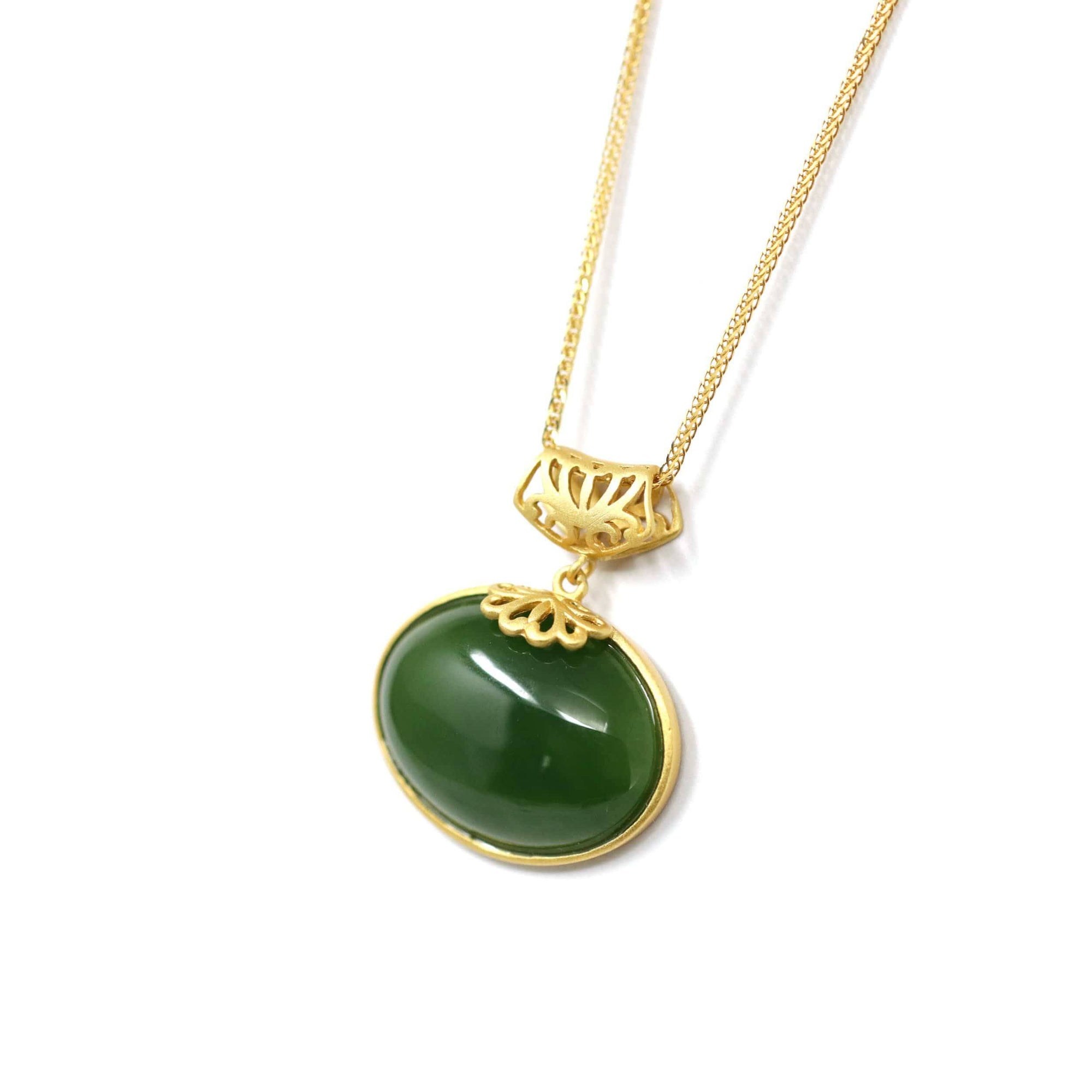 Baikalla Jewelry Jade Pendant Necklace Baikalla™ "Lucky Oval Jade" Sterling Silver Nephrite Green Jade Classic Pendant Necklace