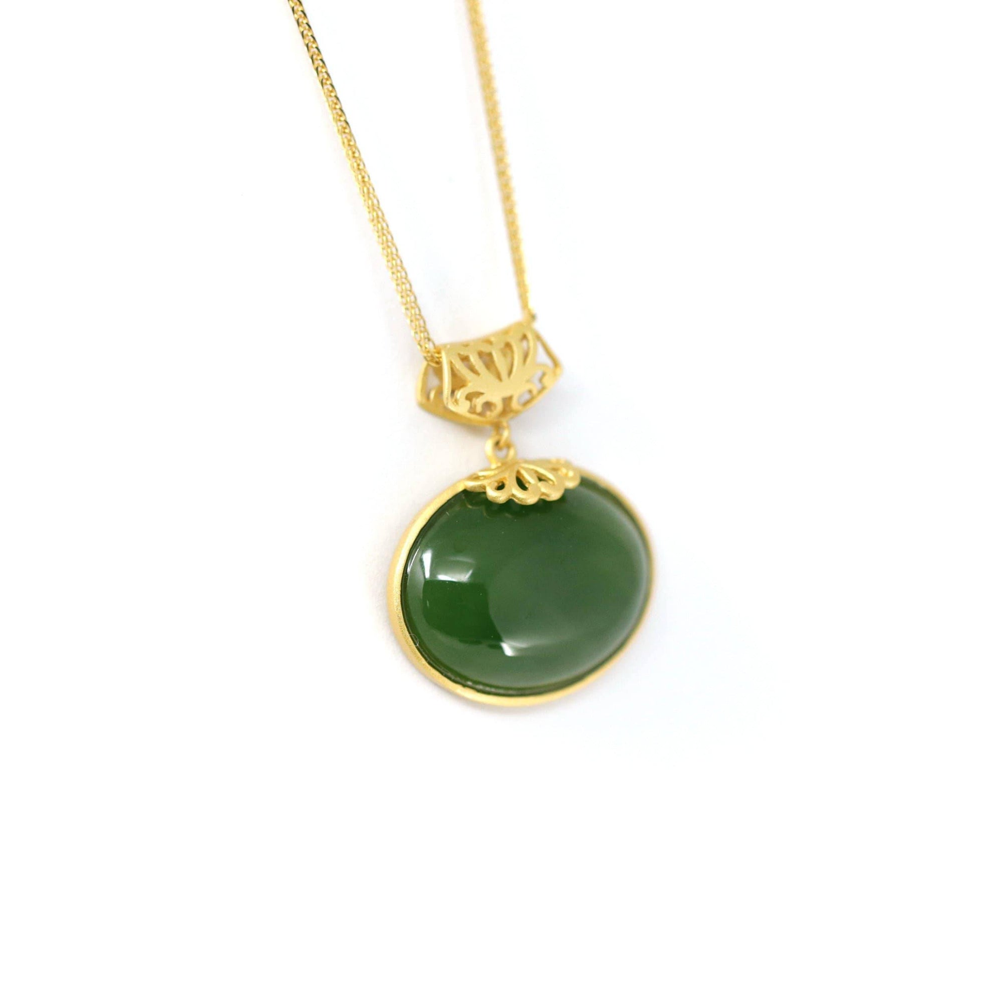 Baikalla Jewelry Jade Pendant Necklace Baikalla™ "Lucky Oval Jade" Sterling Silver Nephrite Green Jade Classic Pendant Necklace