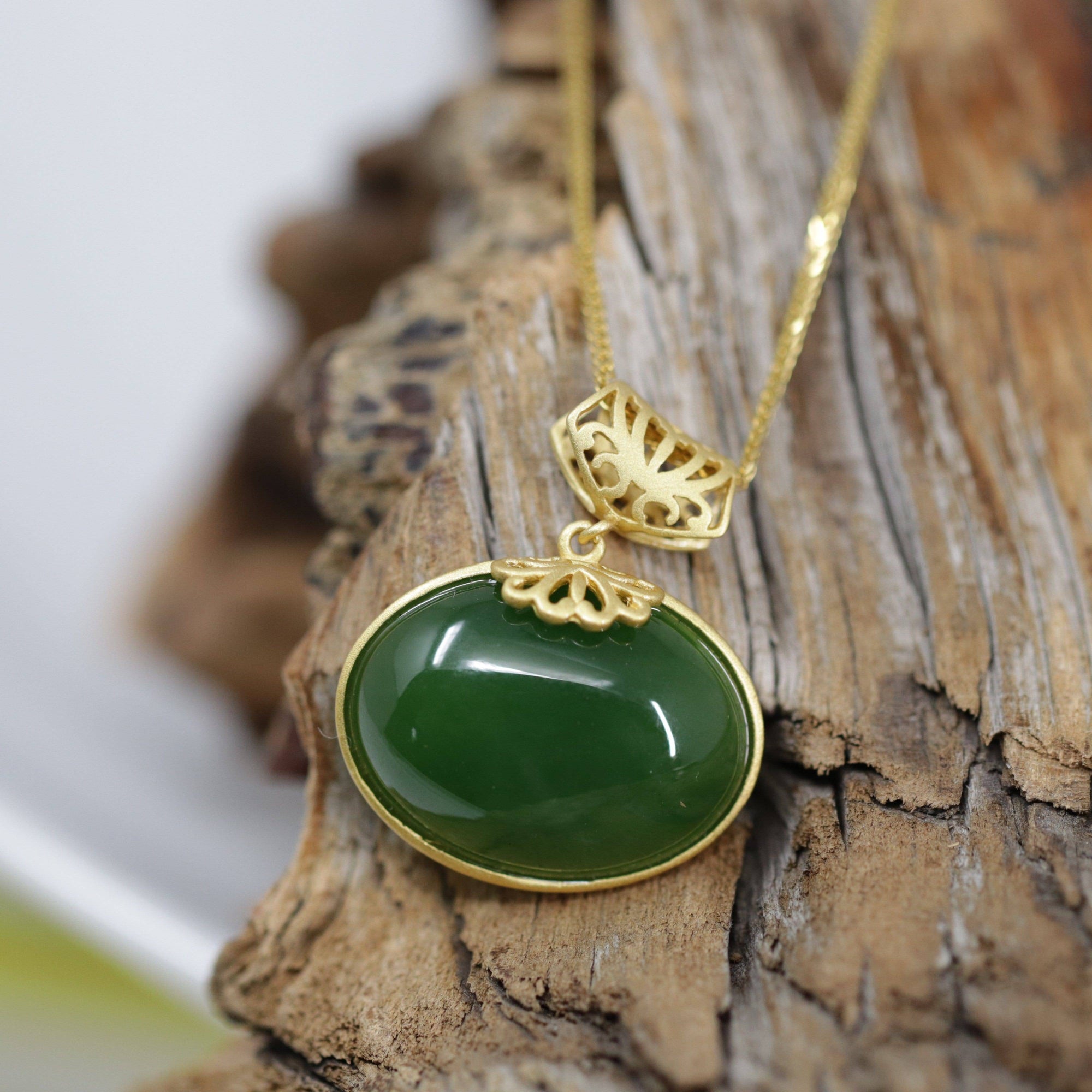 Baikalla Jewelry Jade Pendant Necklace Baikalla™ "Lucky Oval Jade" Sterling Silver Nephrite Green Jade Classic Pendant Necklace