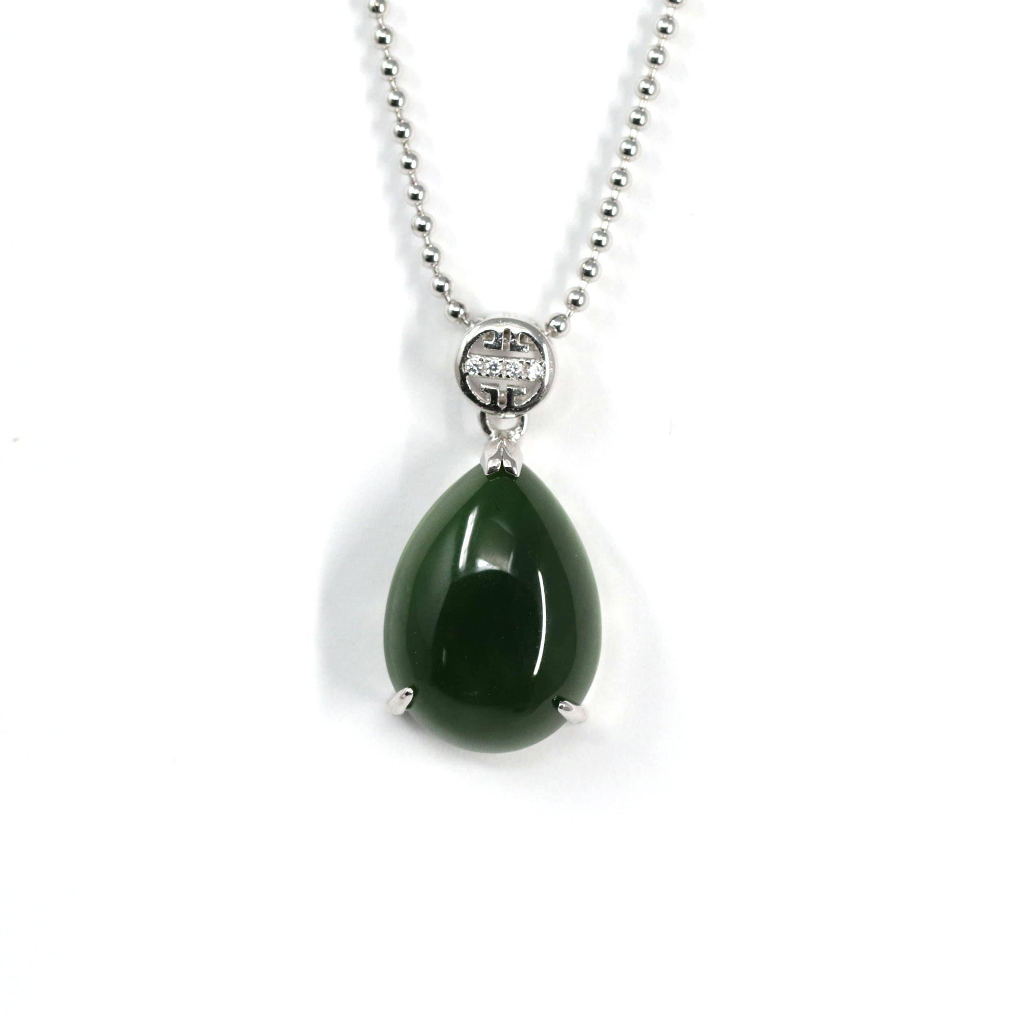 Baikalla Jewelry Jade Pendant Necklace Baikalla™ "Teardrop" Sterling Silver Real Green Jade Classic Pendant Necklace