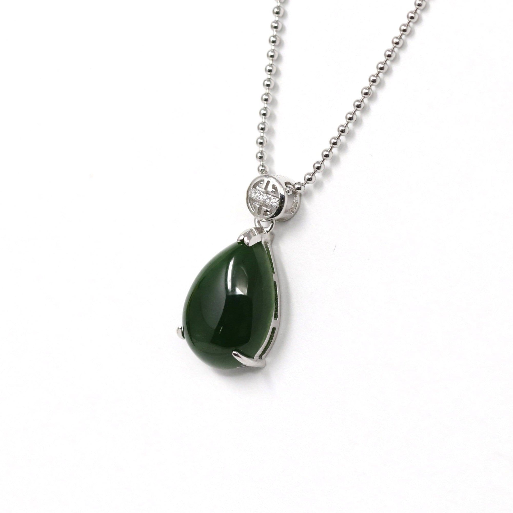 Baikalla Jewelry Jade Pendant Necklace Baikalla™ "Teardrop" Sterling Silver Real Green Jade Classic Pendant Necklace