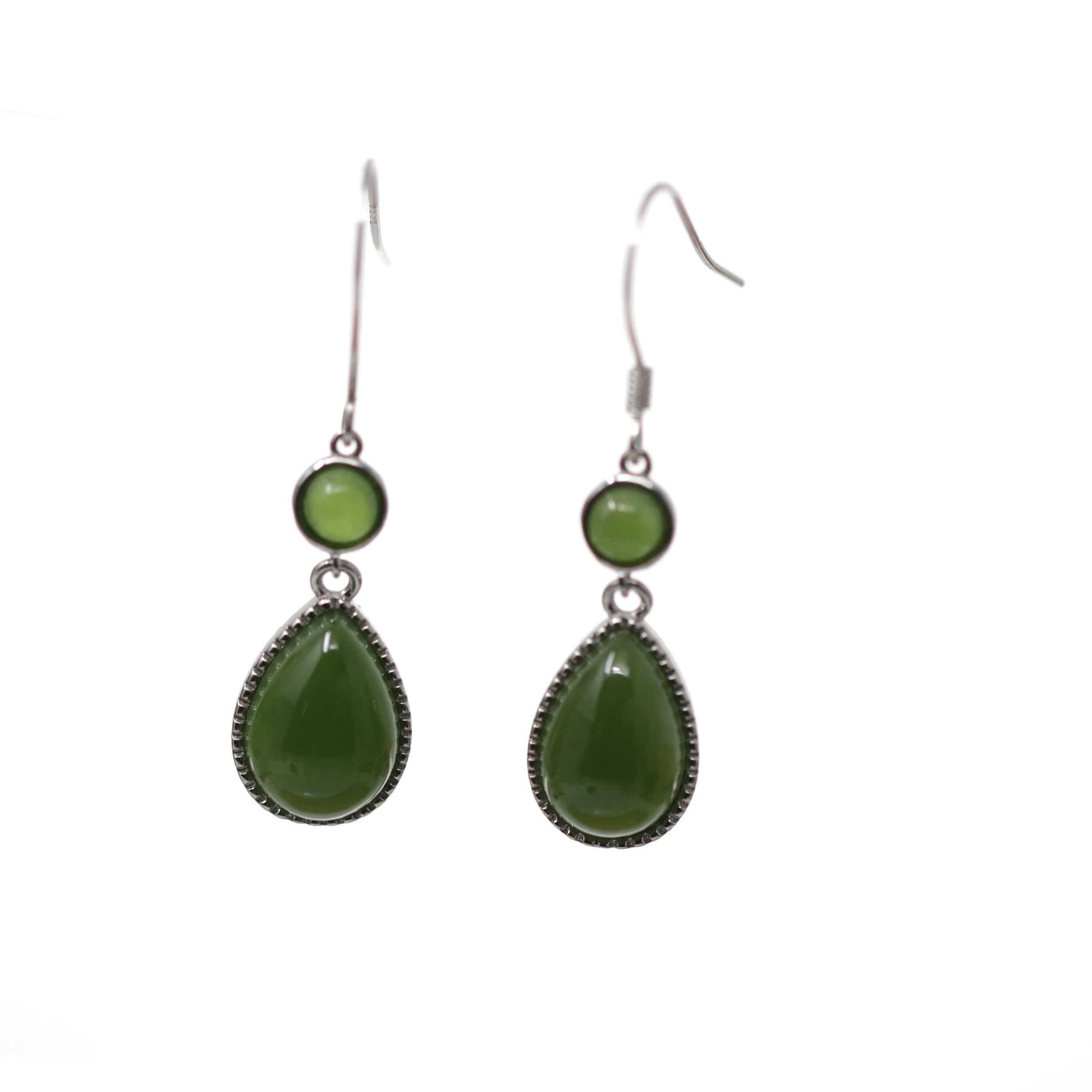 Baikalla Jewelry Silver Gemstone Earrings Baikalla™ "Classic Tear Drop" Sterling Silver Genuine Nephrite Green Jade Dangle Earrings