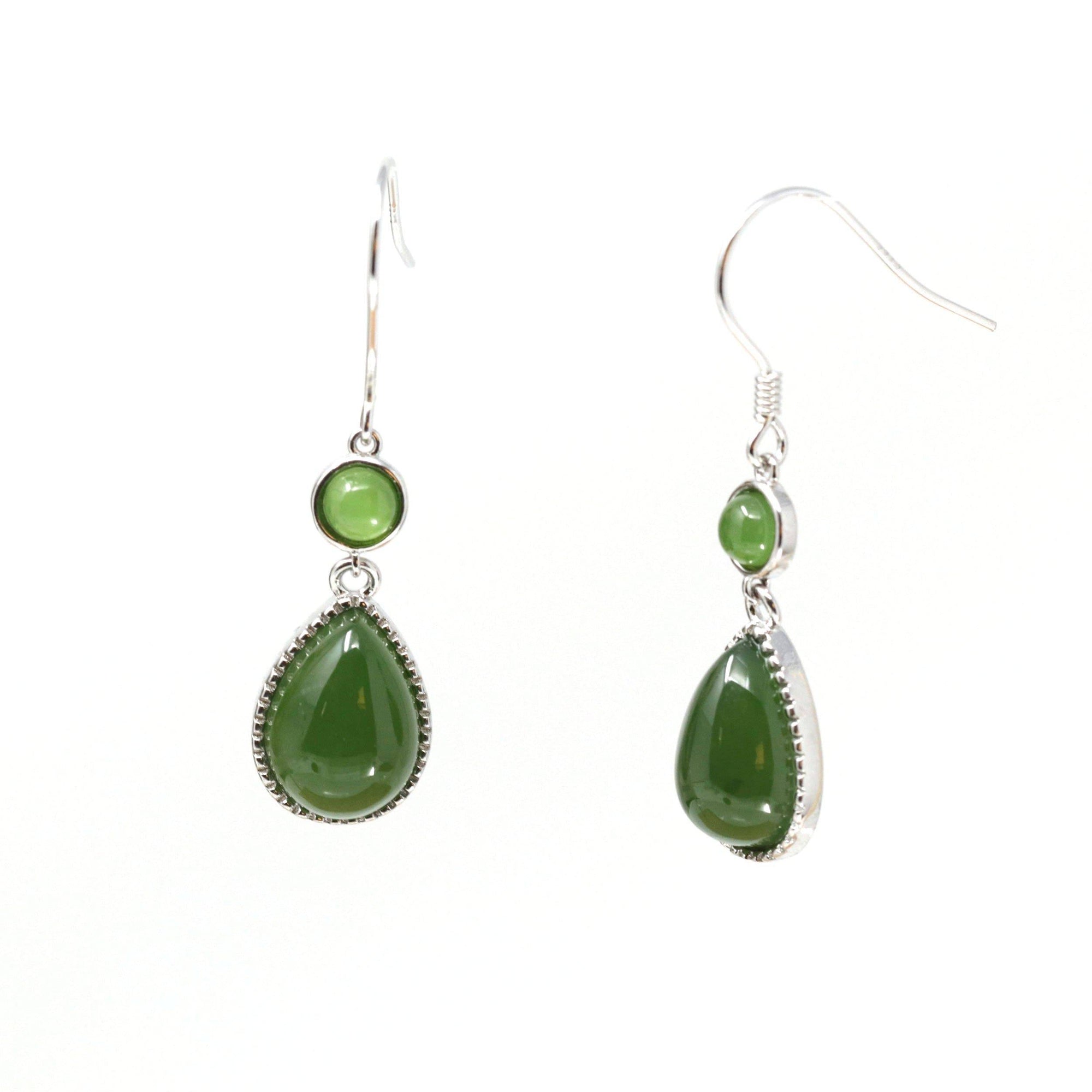 Baikalla Jewelry Silver Gemstone Earrings Baikalla™ "Classic Tear Drop" Sterling Silver Genuine Nephrite Green Jade Dangle Earrings