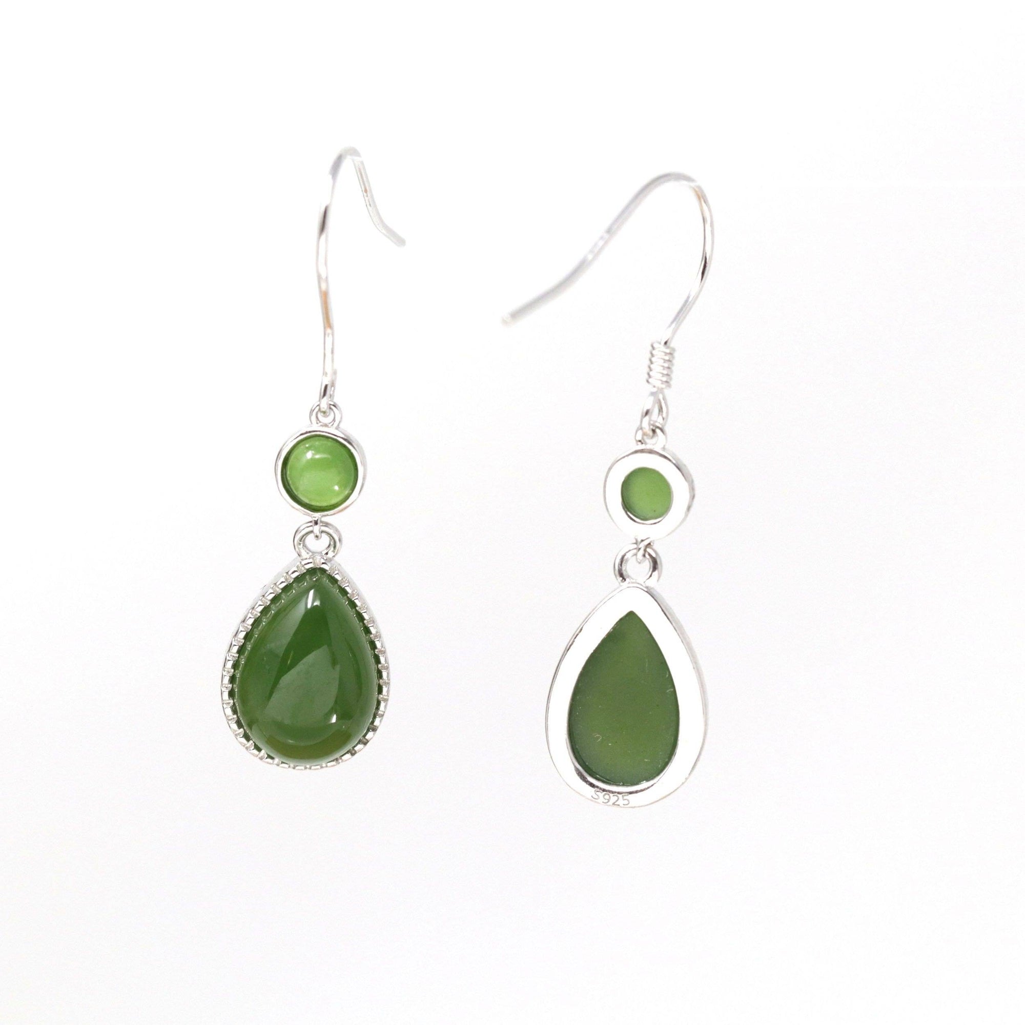 Baikalla Jewelry Silver Gemstone Earrings Baikalla™ "Classic Tear Drop" Sterling Silver Genuine Nephrite Green Jade Dangle Earrings