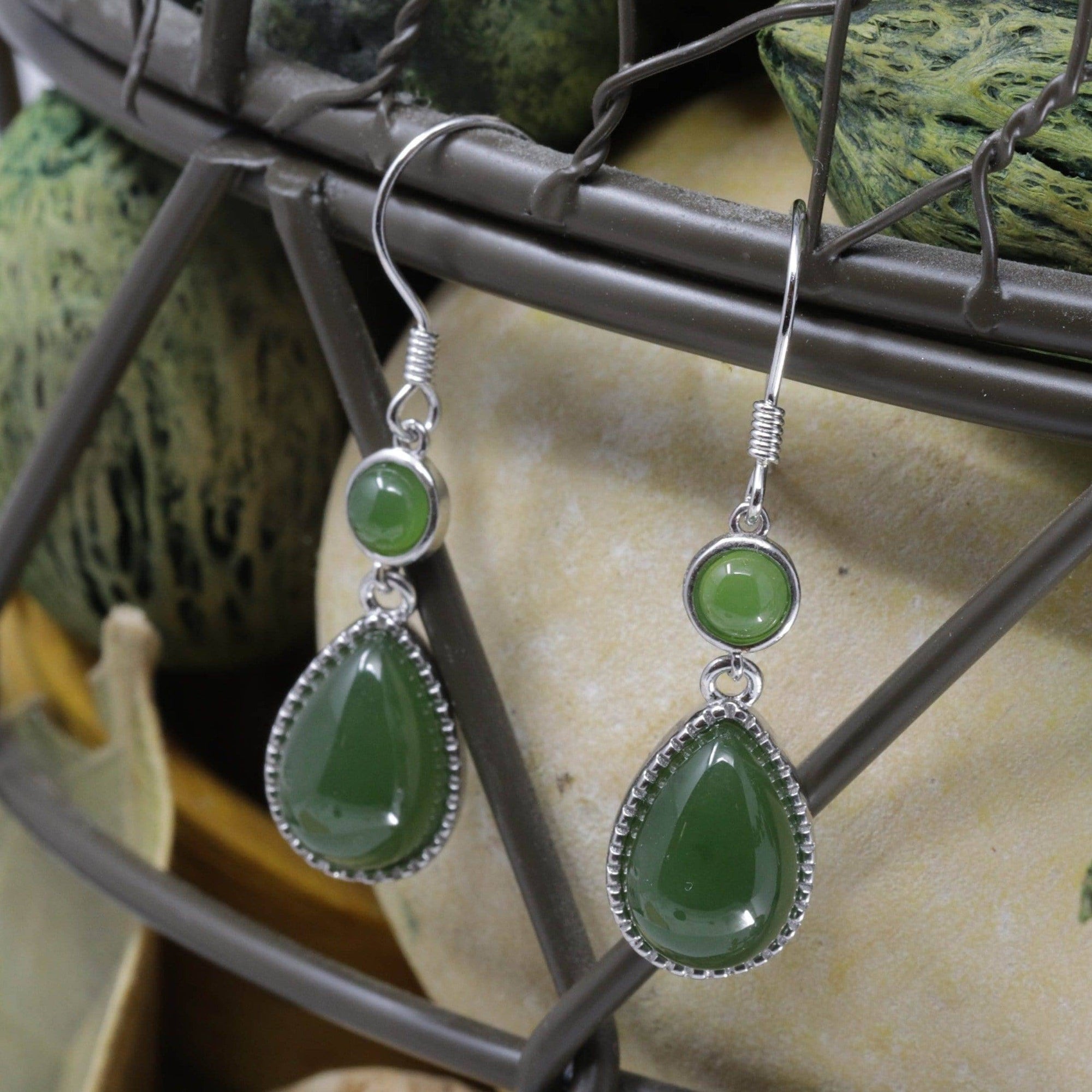 Baikalla Jewelry Silver Gemstone Earrings Baikalla™ "Classic Tear Drop" Sterling Silver Genuine Nephrite Green Jade Dangle Earrings