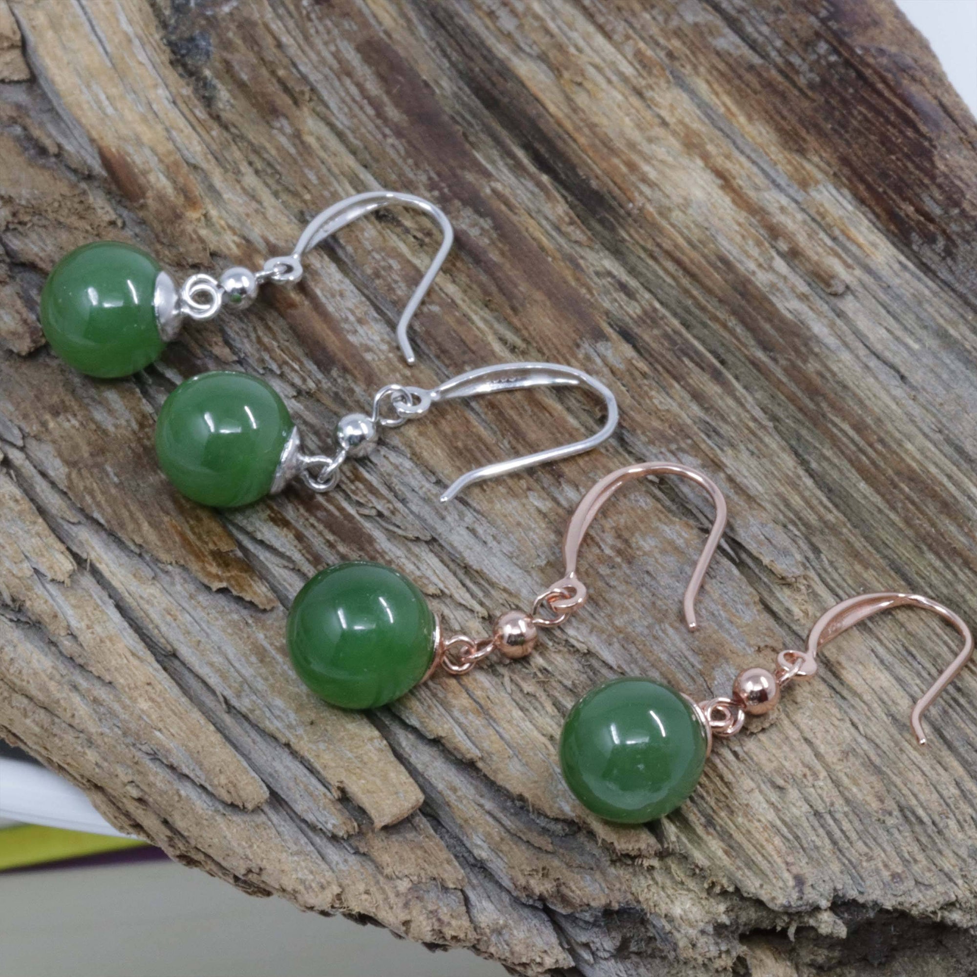 Baikalla Jewelry Silver Gemstone Earrings Baikalla "Classic Bead Earrings" Sterling Silver Genuine Nephrite Green Jade Dangle Earrings