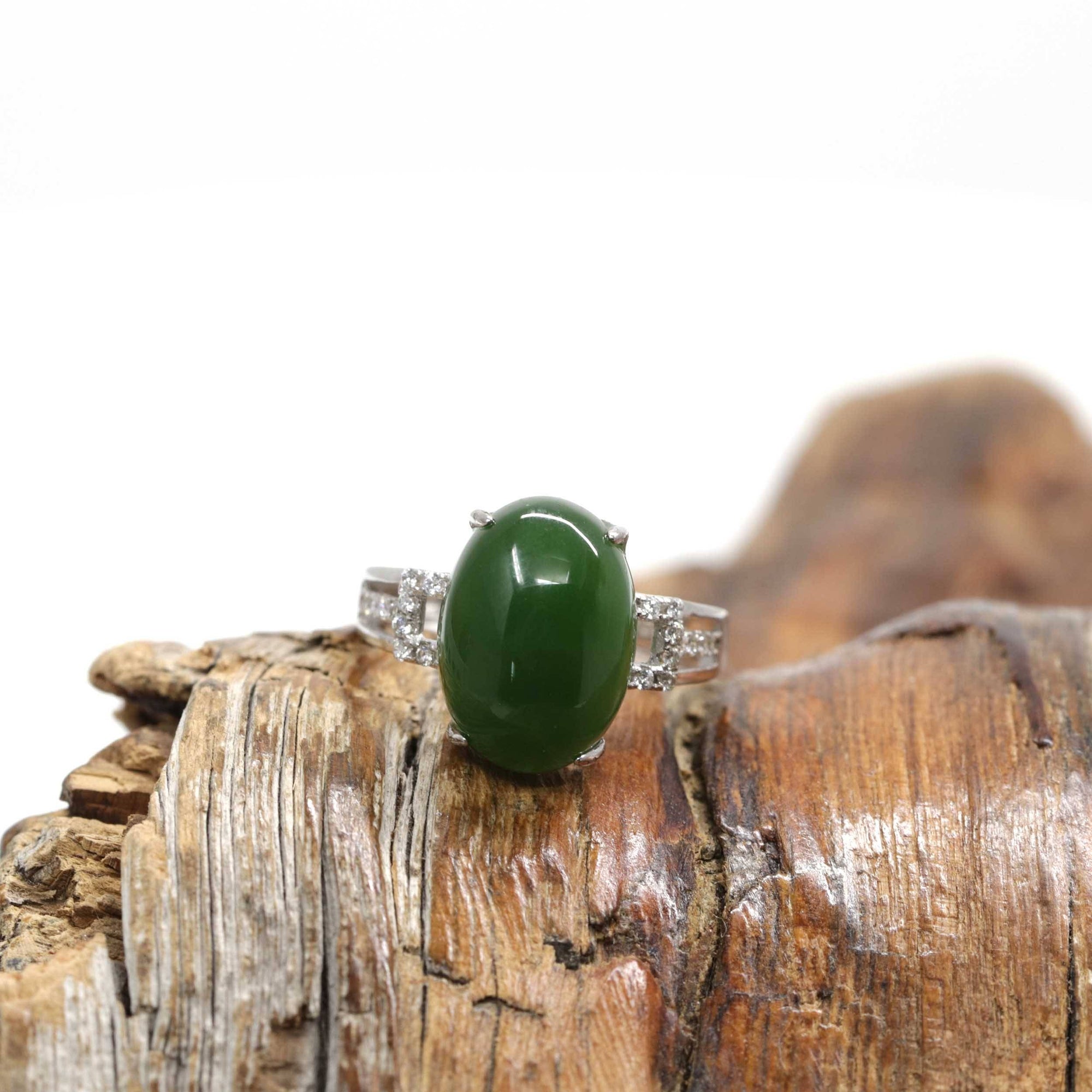 Baikalla Jewelry Jade Ring Baikalla™ "Classic Oval With Accents" Sterling Silver Real Green Nephrite Jade Classic Ring For Her