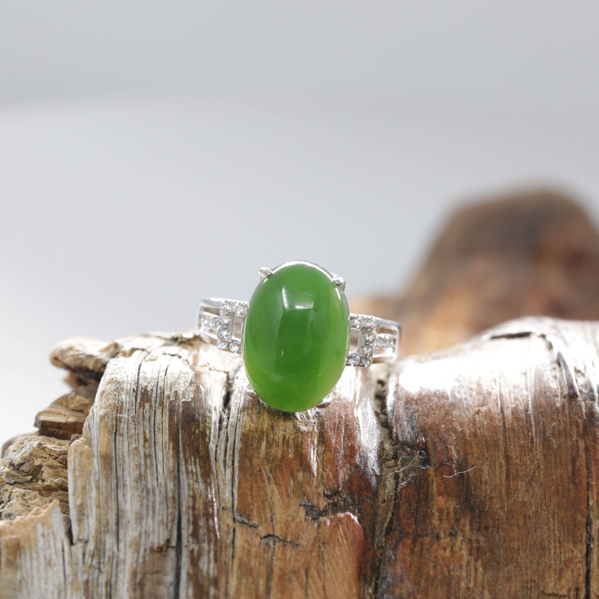 Baikalla Jewelry Jade Ring Baikalla™ &quot;Classic Oval With Accents&quot; Sterling Silver Real Green Nephrite Jade Classic Ring For Her