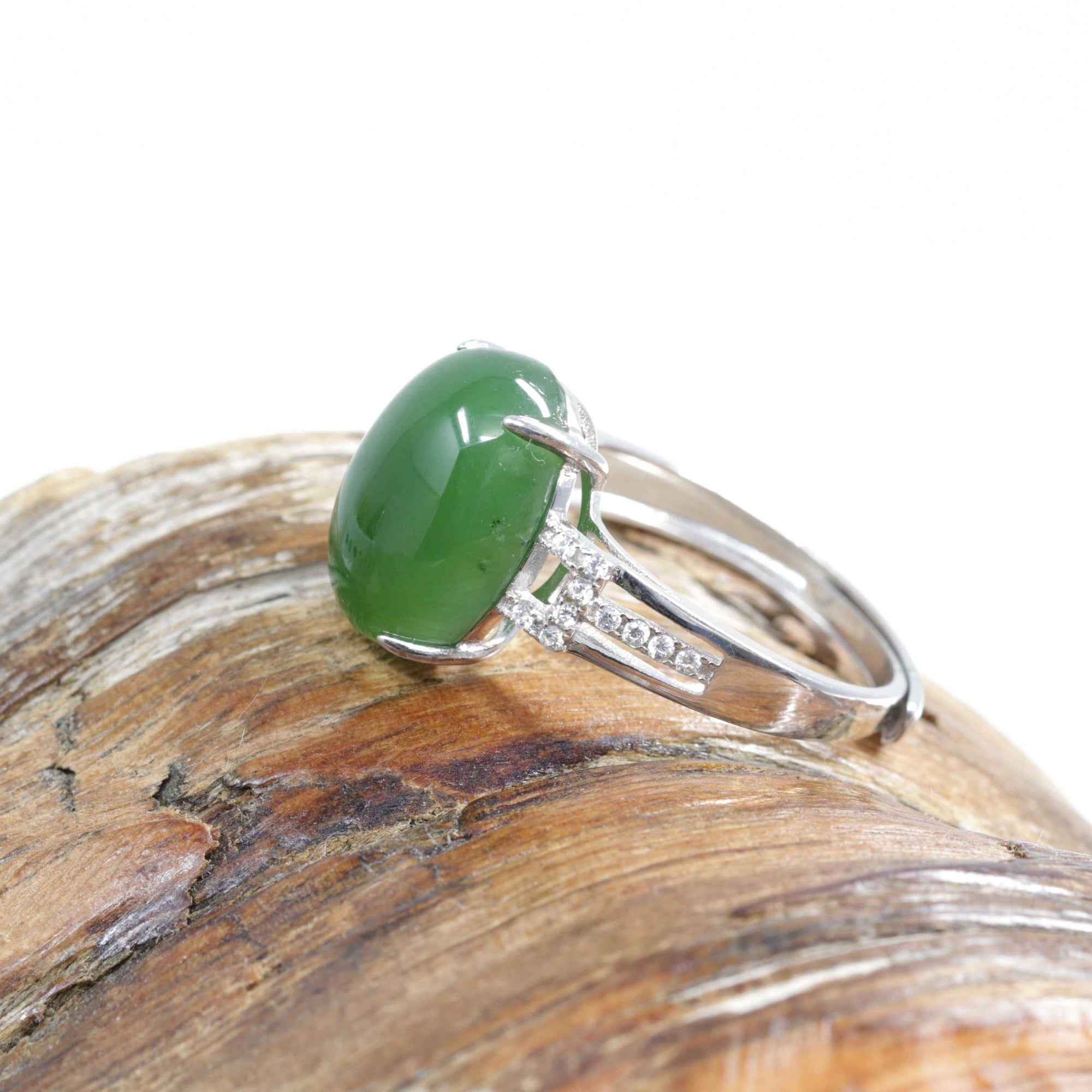 Baikalla Jewelry Jade Ring Baikalla™ "Classic Oval With Accents" Sterling Silver Real Green Nephrite Jade Classic Ring For Her