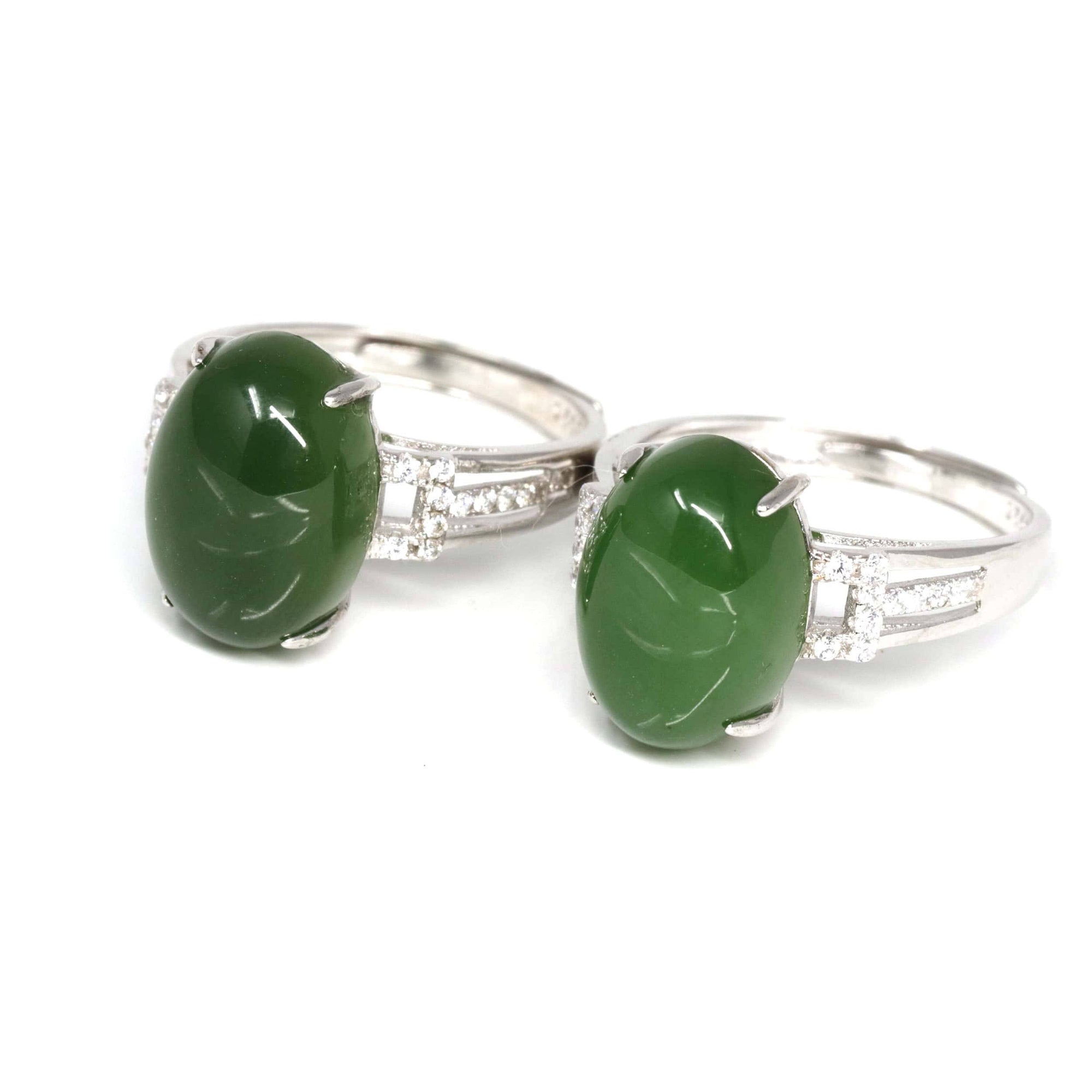 Baikalla Jewelry Jade Ring Baikalla™ "Classic Oval With Accents" Sterling Silver Real Green Nephrite Jade Classic Ring For Her