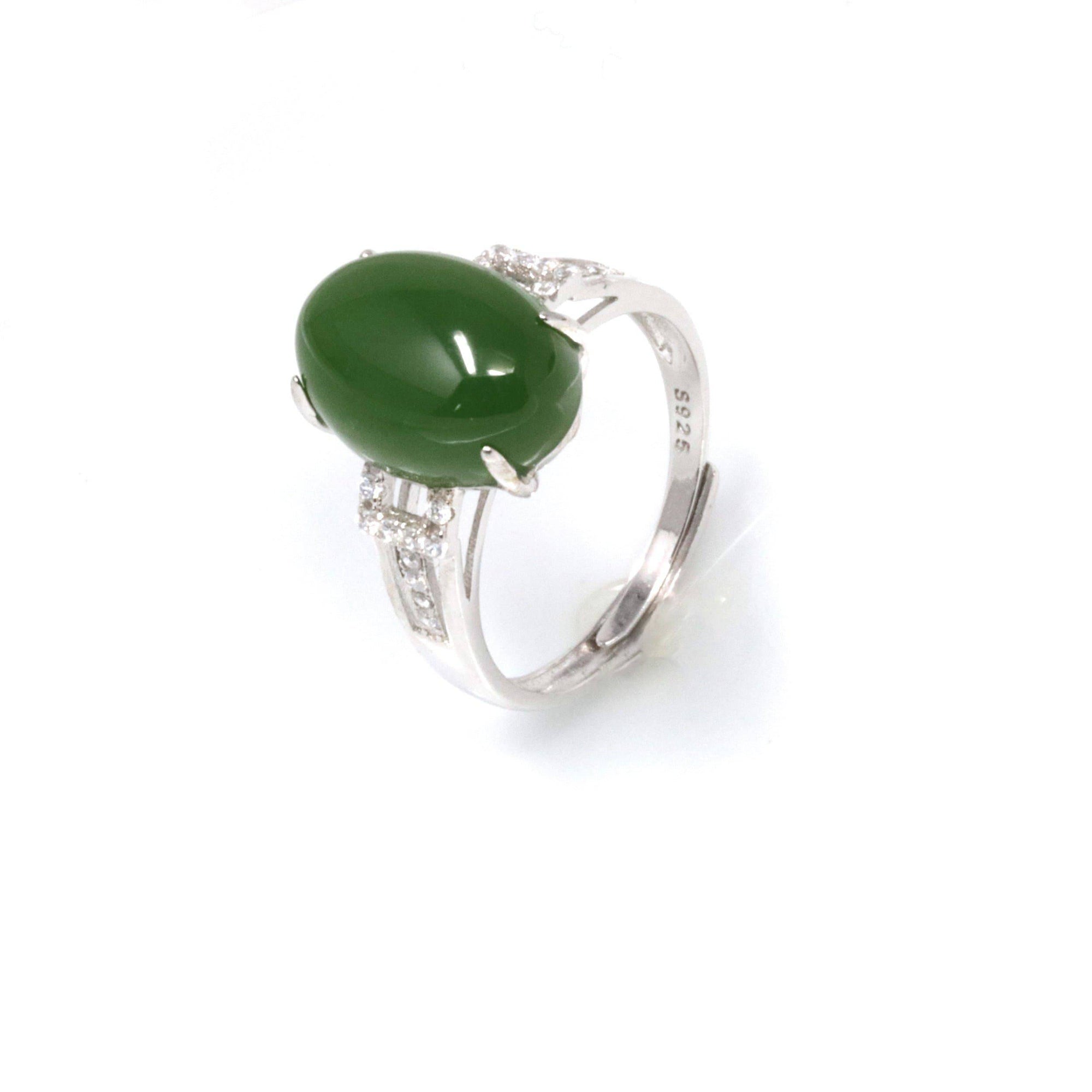 Baikalla Jewelry Jade Ring Baikalla™ &quot;Classic Oval With Accents&quot; Sterling Silver Real Green Nephrite Jade Classic Ring For Her