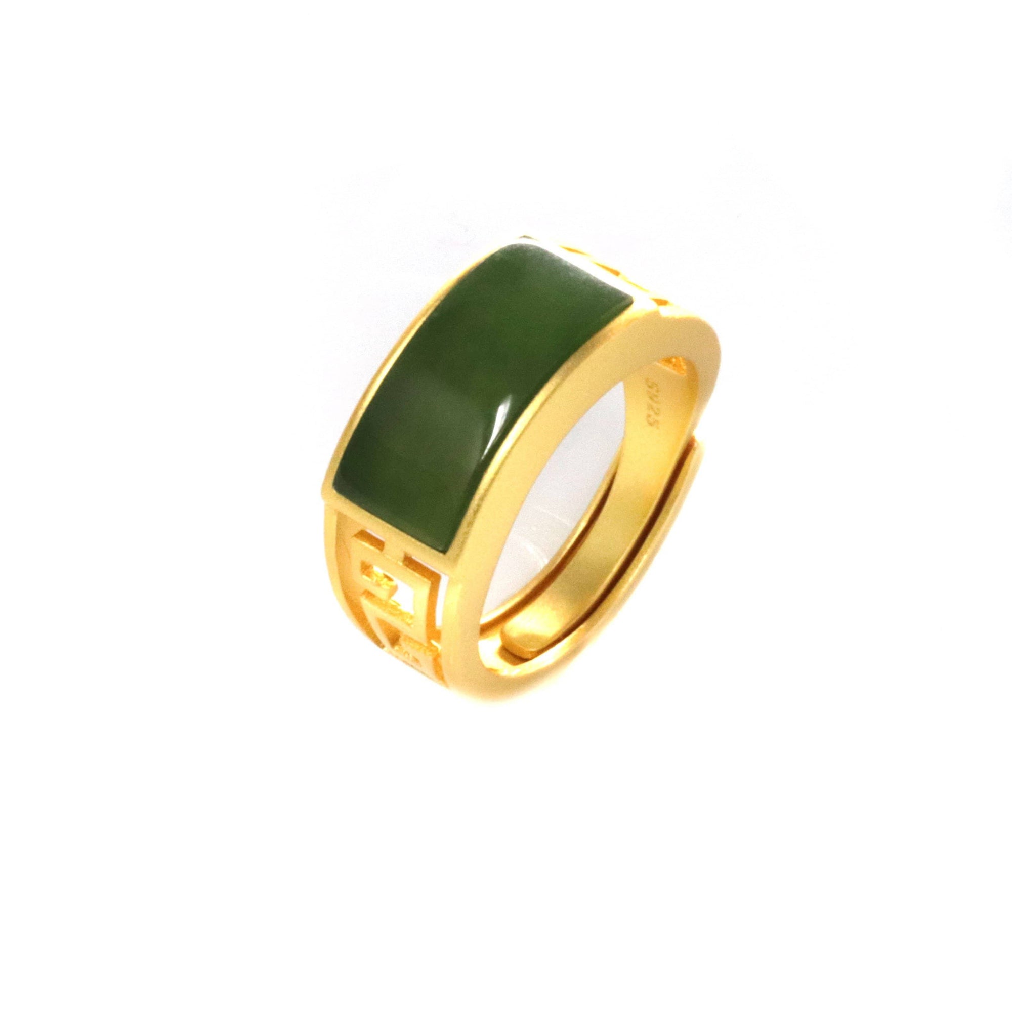 Baikalla Jewelry Jade Ring Baikalla™ &quot;Classic Signet&quot; Gold Plated Sterling Silver Real Green Jade Classic Men&#39;s Ring