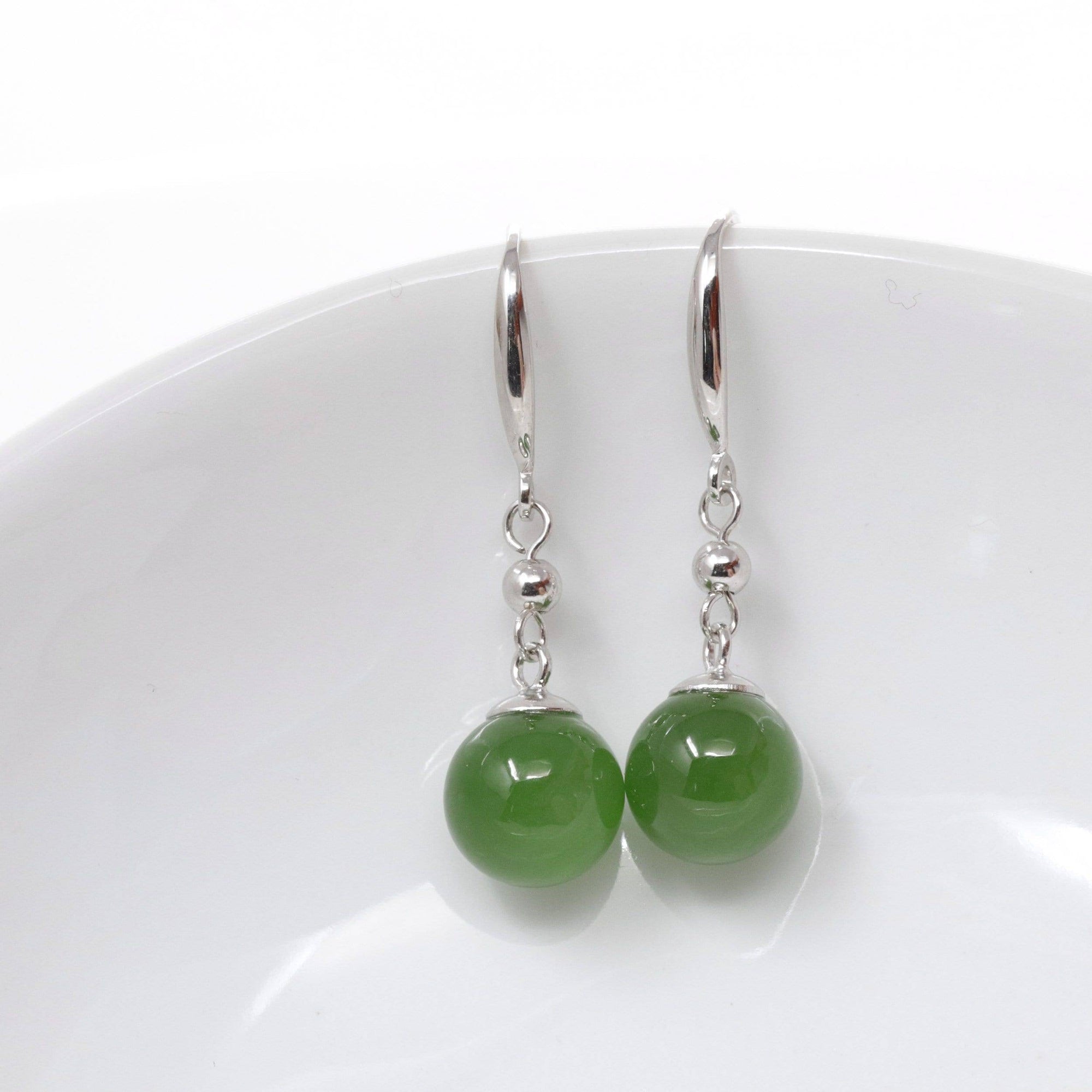 Baikalla Jewelry Silver Gemstone Earrings Baikalla "Classic Bead Earrings" Sterling Silver Genuine Nephrite Green Jade Dangle Earrings