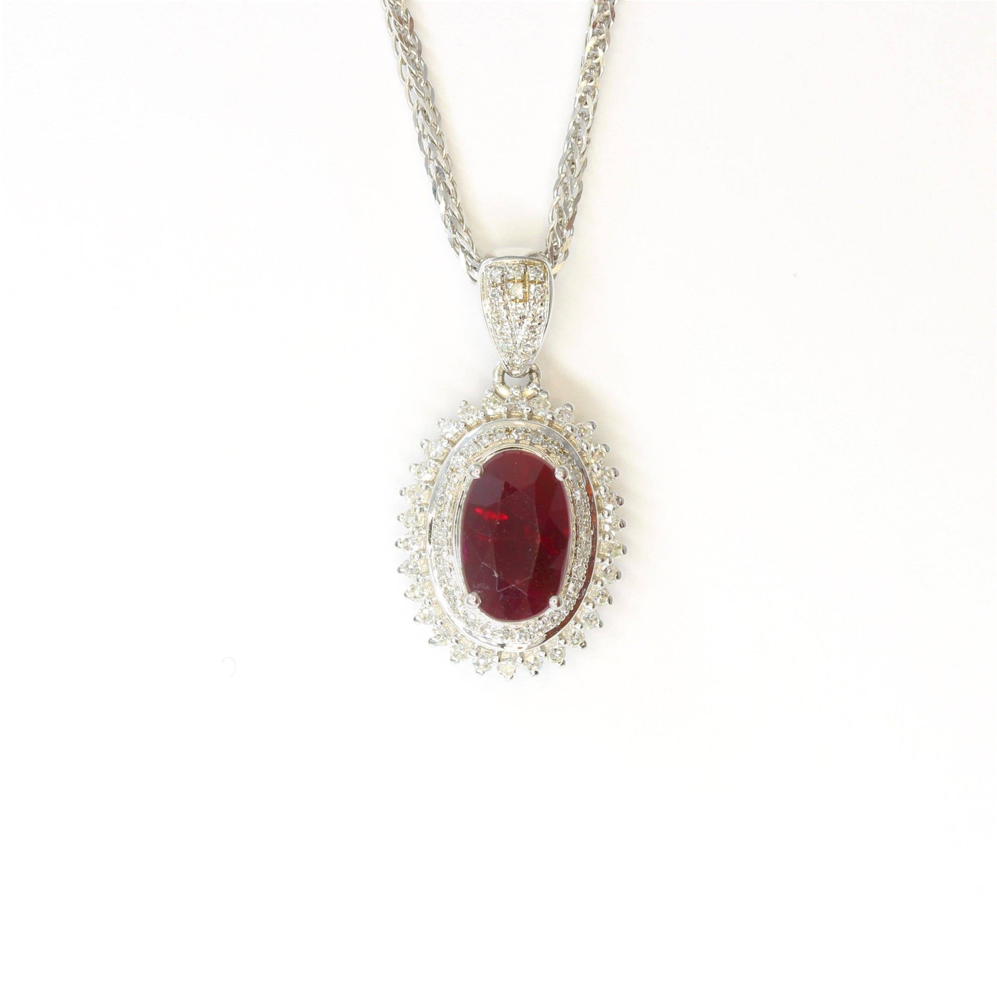 Baikalla Jewelry Gemstone Pendant Necklace 18k White Gold & Natural AA Oval Ruby Halo Pendant Necklace