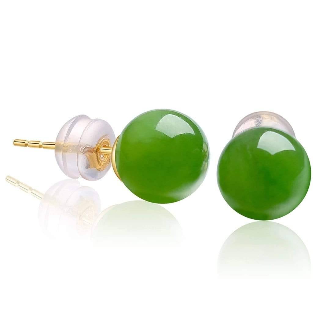 Baikalla Jewelry Gold Jade Earrings 9.5 mm / 18K Yellow Solid Gold Baikalla™ &quot;Classic Jade Stud&quot; 18K Gold Genuine Nephrite Green Jade Beads (high quality) Earrings