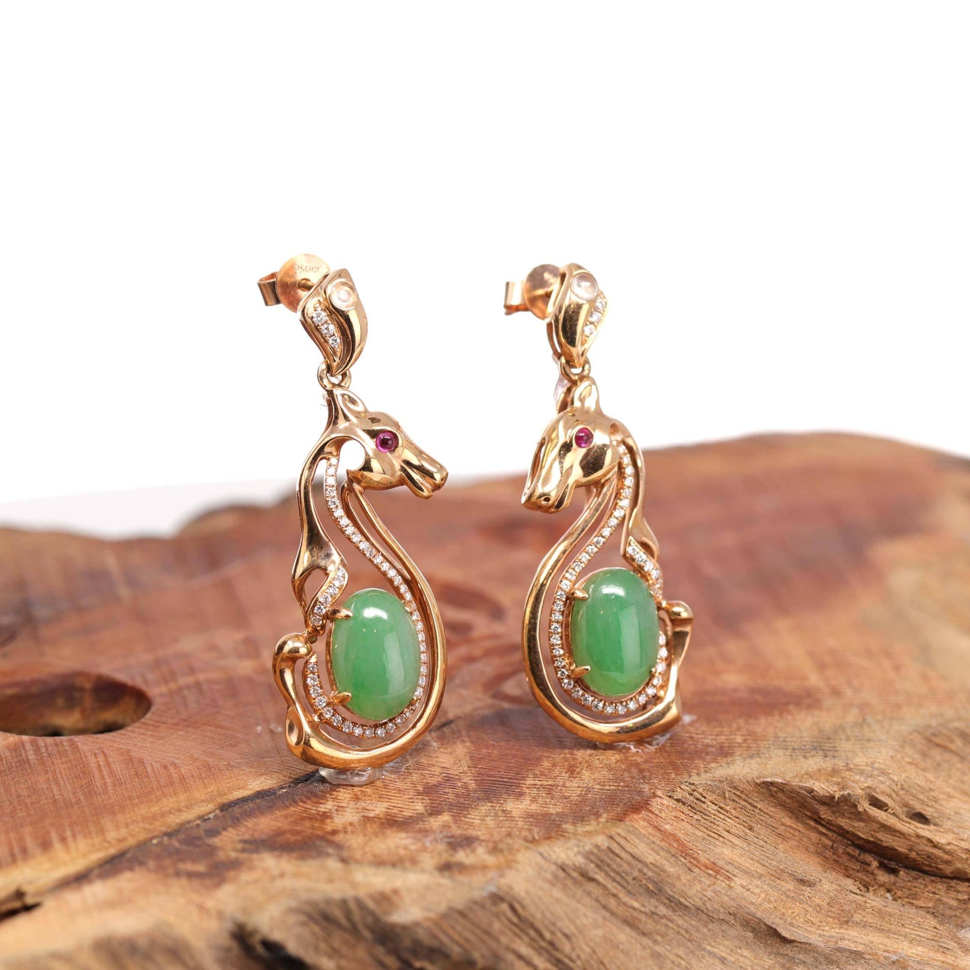 Baikalla Jewelry 18k Gold Jadeite Necklace 18k Rose Gold Genuine Jadeite Jade Golden Horse Earrings & Diamond