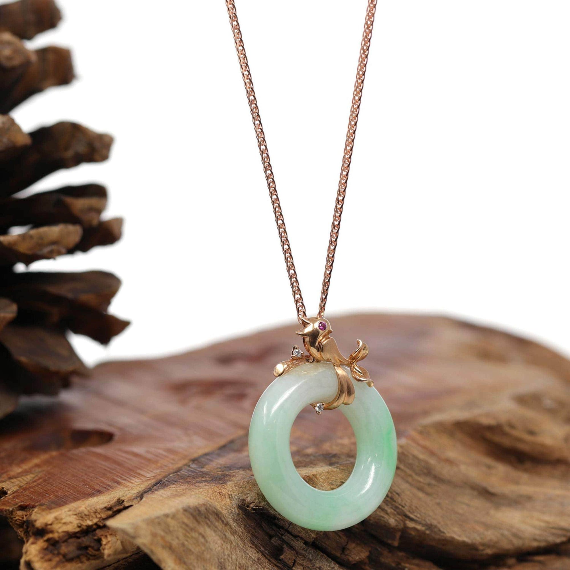 Baikalla Jewelry 18k Gold Jadeite Necklace Baikalla™ "Good Luck Birdie" 18k Rose Gold Genuine Burmese Jadeite Lucky Pendant Necklace With AA Ruby & Diamond