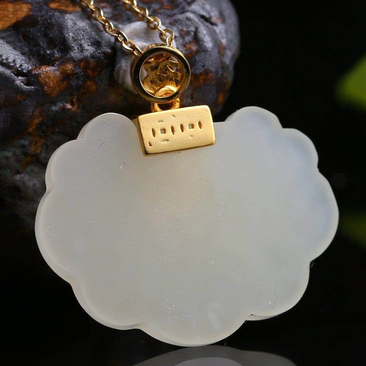 Baikalla Jewelry Silver Gemstone Necklace Genuine White Jade RuYi Pendant Necklace  with 14K Yellow Solid Gold Bail