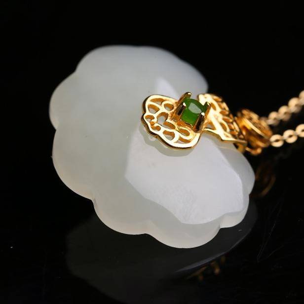 Baikalla Jewelry Silver Gemstone Necklace Sterling Silver Genuine White Jade RuYi Pendant Necklace  with 18k Gold Plated