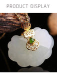 Baikalla Jewelry Silver Gemstone Necklace Genuine White Jade RuYi Pendant Necklace  with 14K Yellow Solid Gold Bail