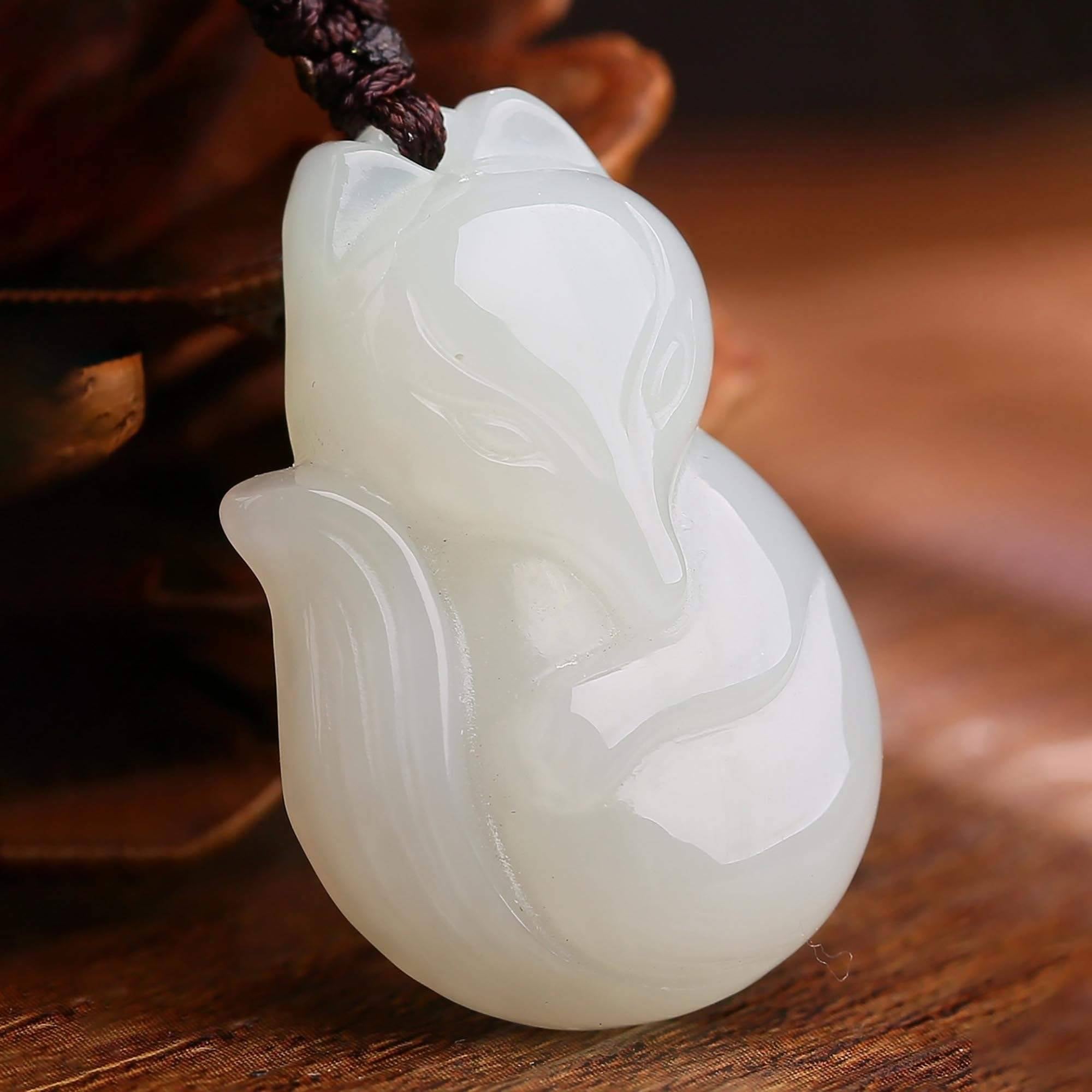 Baikalla Jewelry Jade Pendant Genuine Nephrite White Jade Cute Fox Pendant Necklace