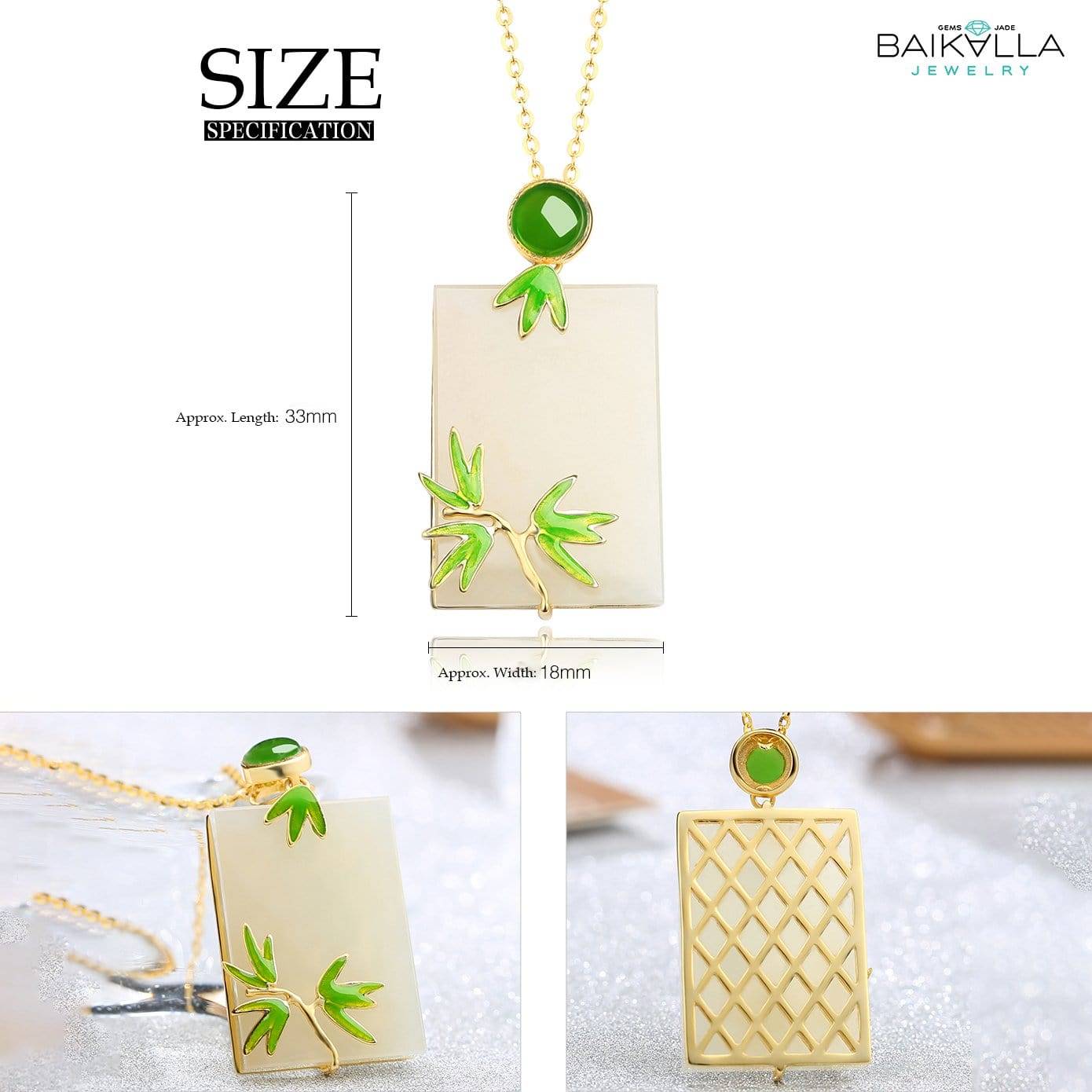 Baikalla Jewelry Silver Gemstone Necklace Genuine Nephrite White Jade Pendant & Bamboo Designs