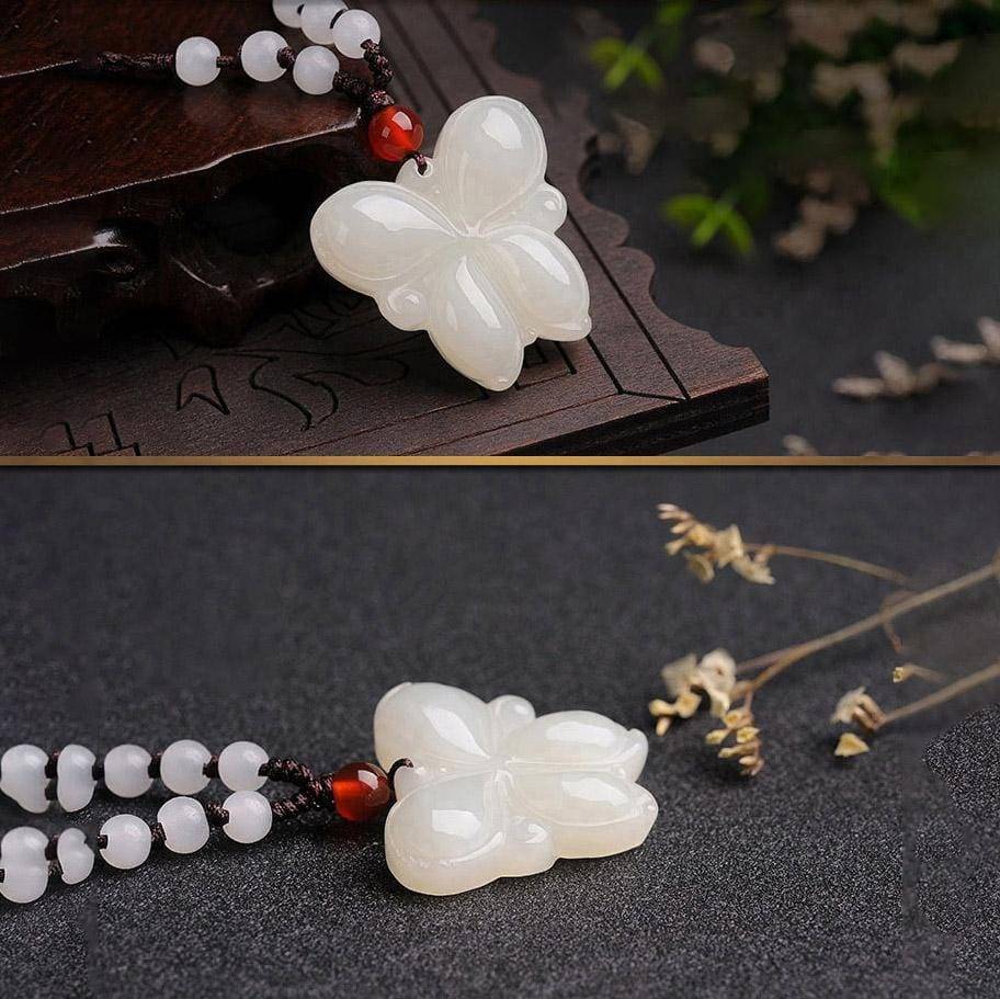 Baikalla Jewelry Jade Carving Necklace Genuine Nephrite White Jade Butterfly Necklace