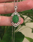 18K White Gold Oval Imperial Jadeite Jade Cabochon Necklace with Diamonds