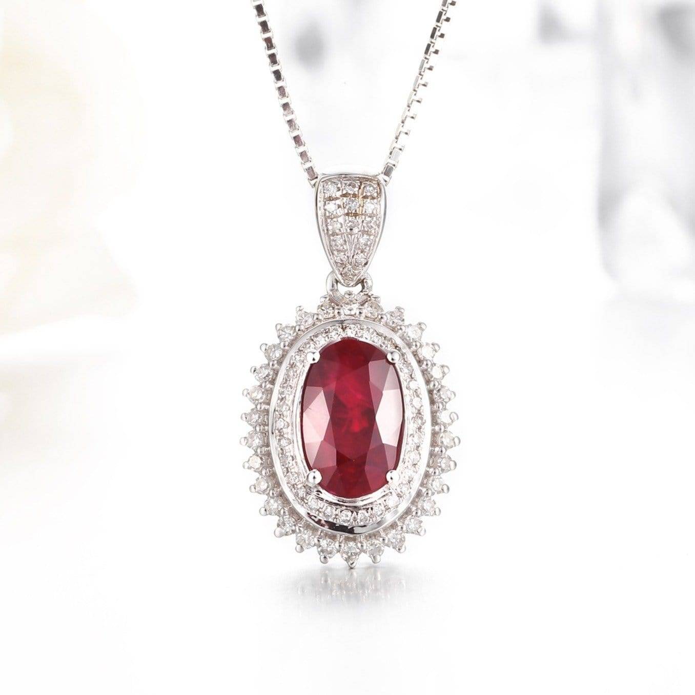 Baikalla Jewelry Gemstone Pendant Necklace 18k White Gold & Natural AA Oval Ruby Halo Pendant Necklace