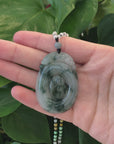 Genuine Ice Blue-Green Jadeite Jade "Good Luck Oval with Dragon Accent" Pendant Necklace With Real Jadeite Bead Necklace