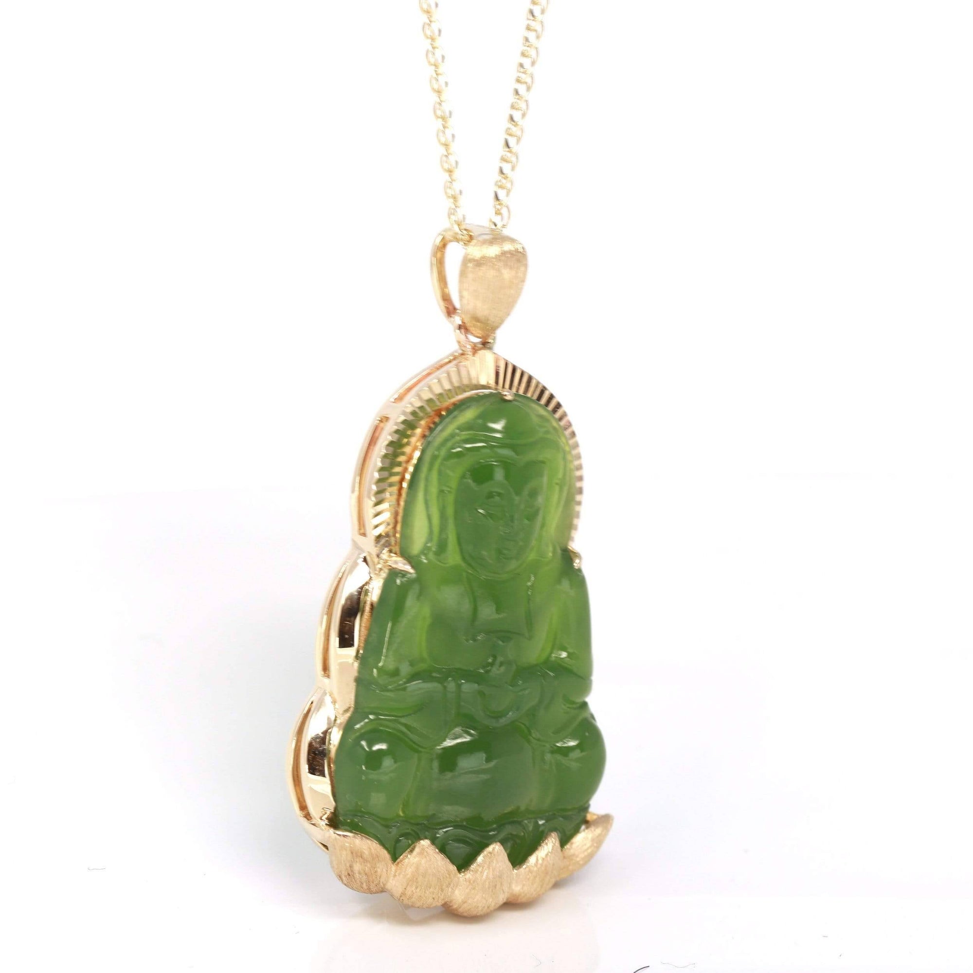 Baikalla Jewelry Gold Jade Pendant Baikalla™ 14K Yellow Gold Genuine Nephrite Green Jade GuanYin Pendant Necklace