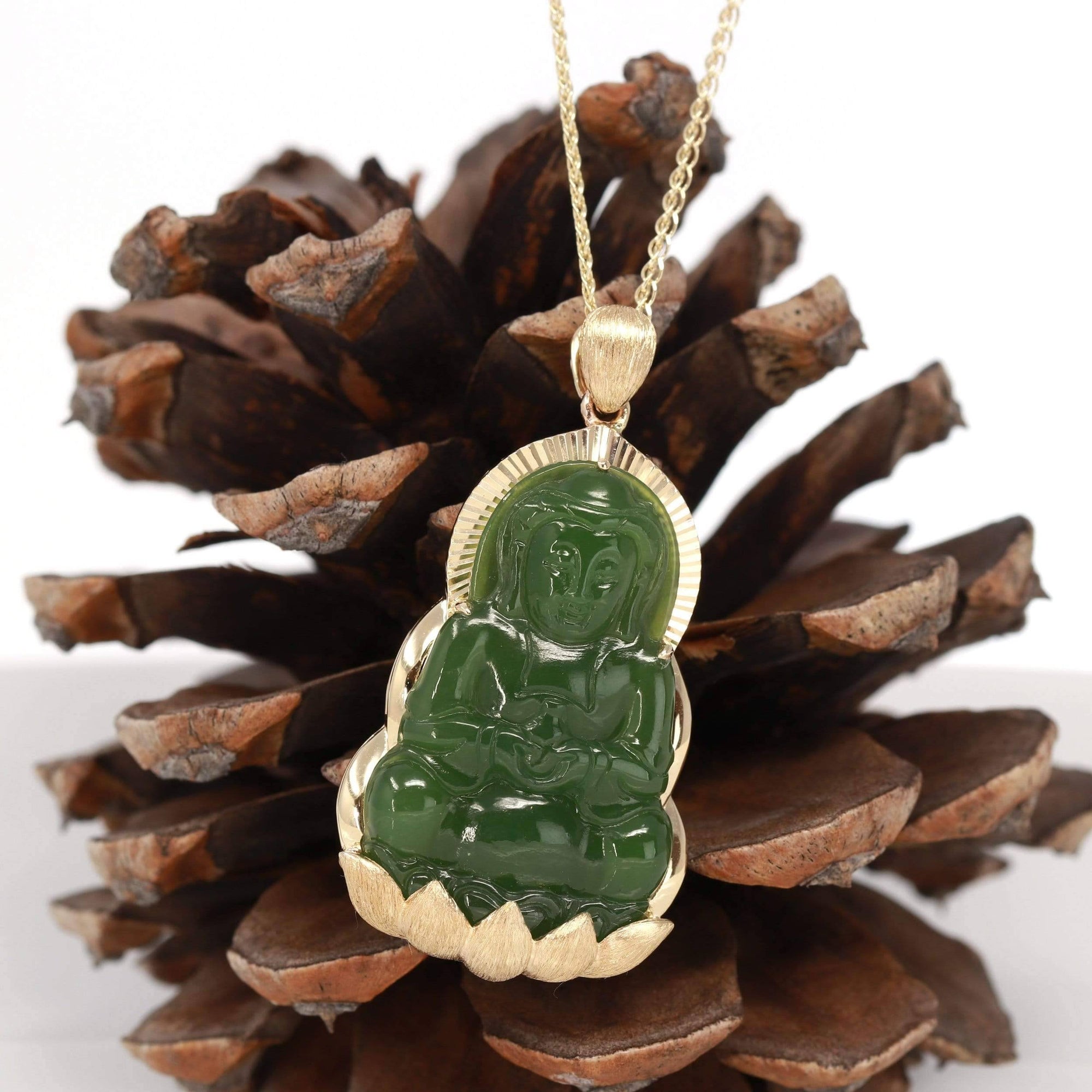 Baikalla Jewelry Gold Jade Pendant Baikalla™ 14K Yellow Gold Genuine Nephrite Green Jade GuanYin Pendant Necklace