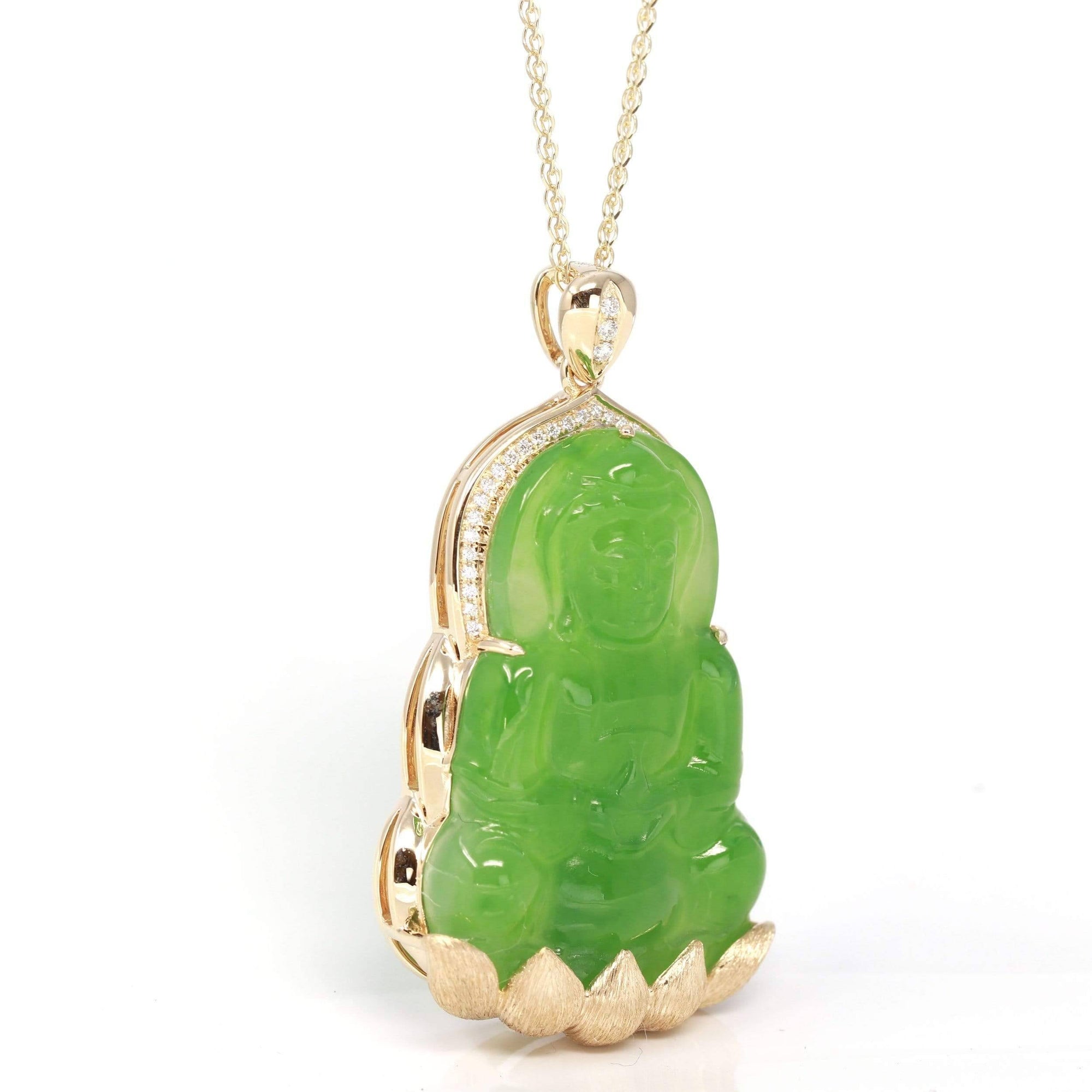 Baikalla Jewelry Gold Jade Pendant Baikalla™ 14K Yellow Gold Genuine Nephrite Luxury Apple Green Jade Guanyin Pendant Necklace With VVS1 Diamonds