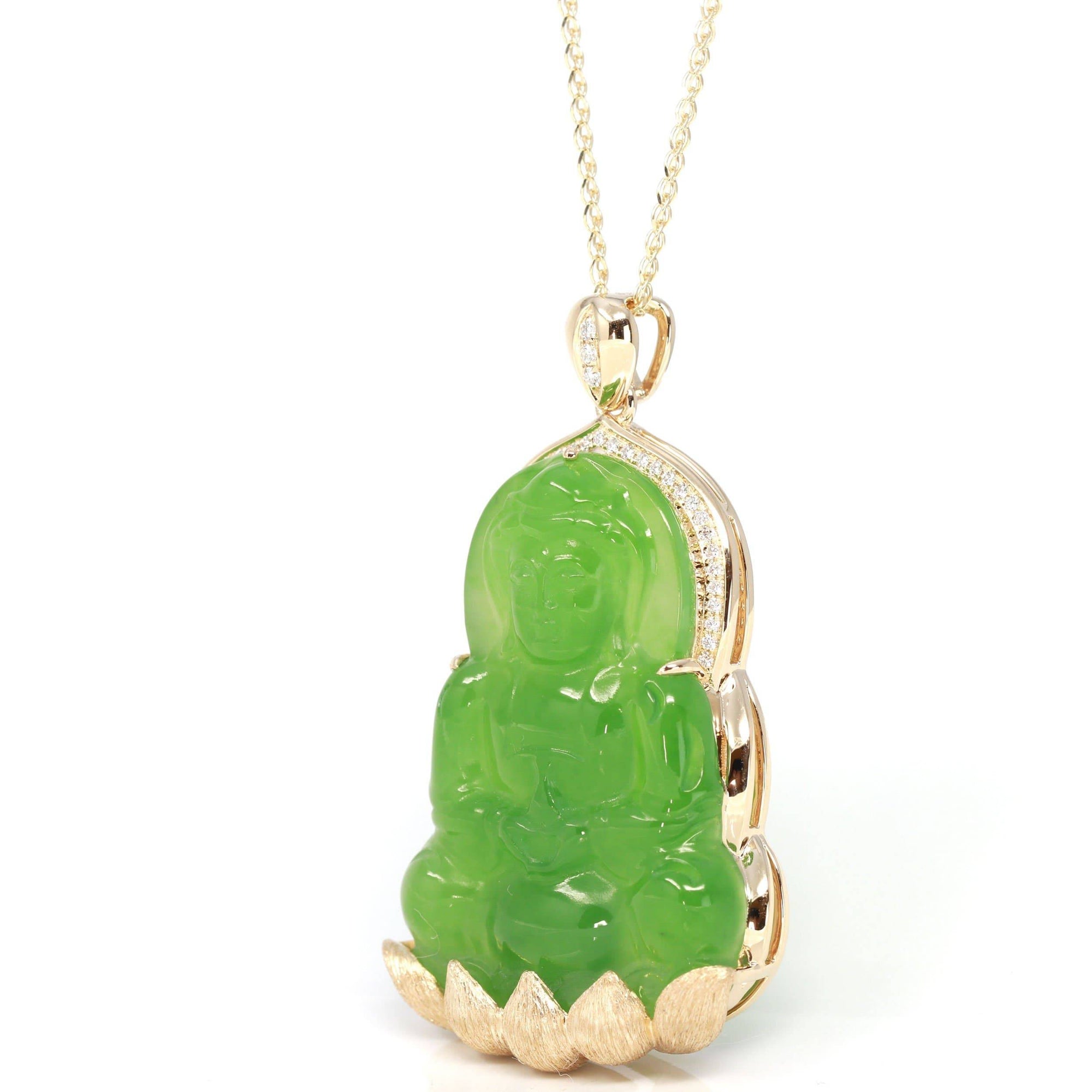 Baikalla Jewelry Gold Jade Pendant Baikalla™ 14K Yellow Gold Genuine Nephrite Luxury Apple Green Jade Guanyin Pendant Necklace With VVS1 Diamonds