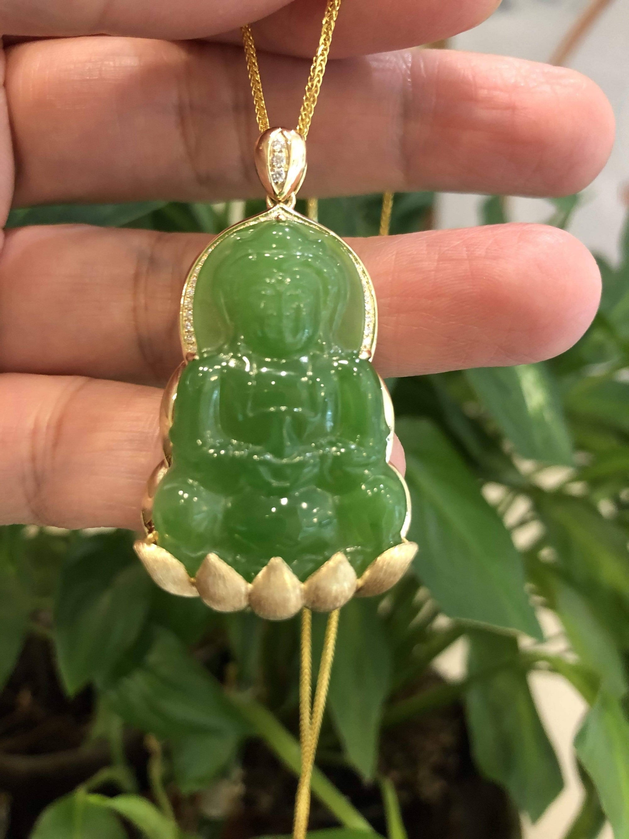 Baikalla Jewelry Gold Jade Pendant Baikalla™ 14K Yellow Gold Genuine Nephrite Luxury Apple Green Jade Guanyin Pendant Necklace With VVS1 Diamonds