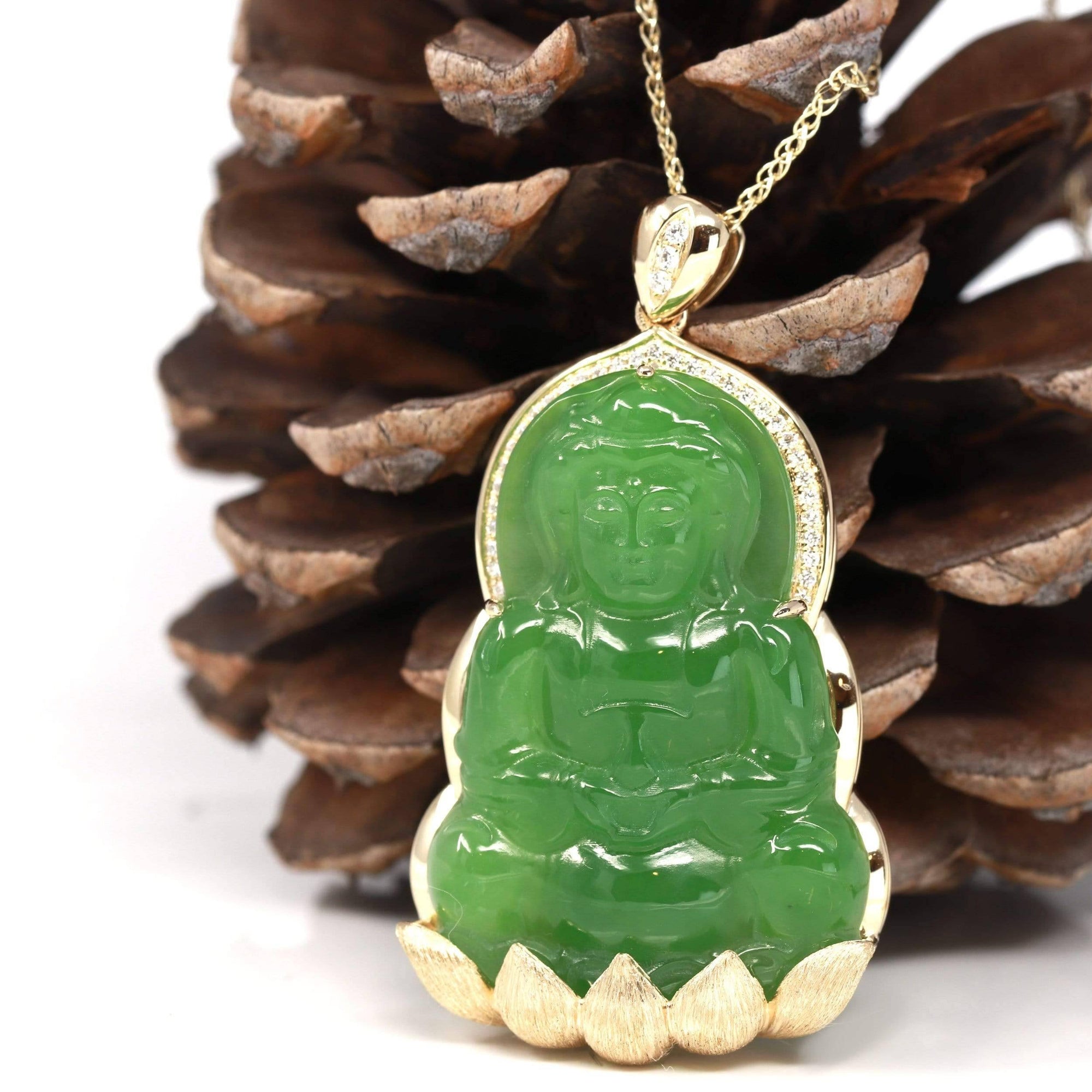 Baikalla Jewelry Gold Jade Pendant Pendant With Chain Baikalla™ 14K Yellow Gold Genuine Nephrite Luxury Apple Green Jade Guanyin Pendant Necklace With VVS1 Diamonds